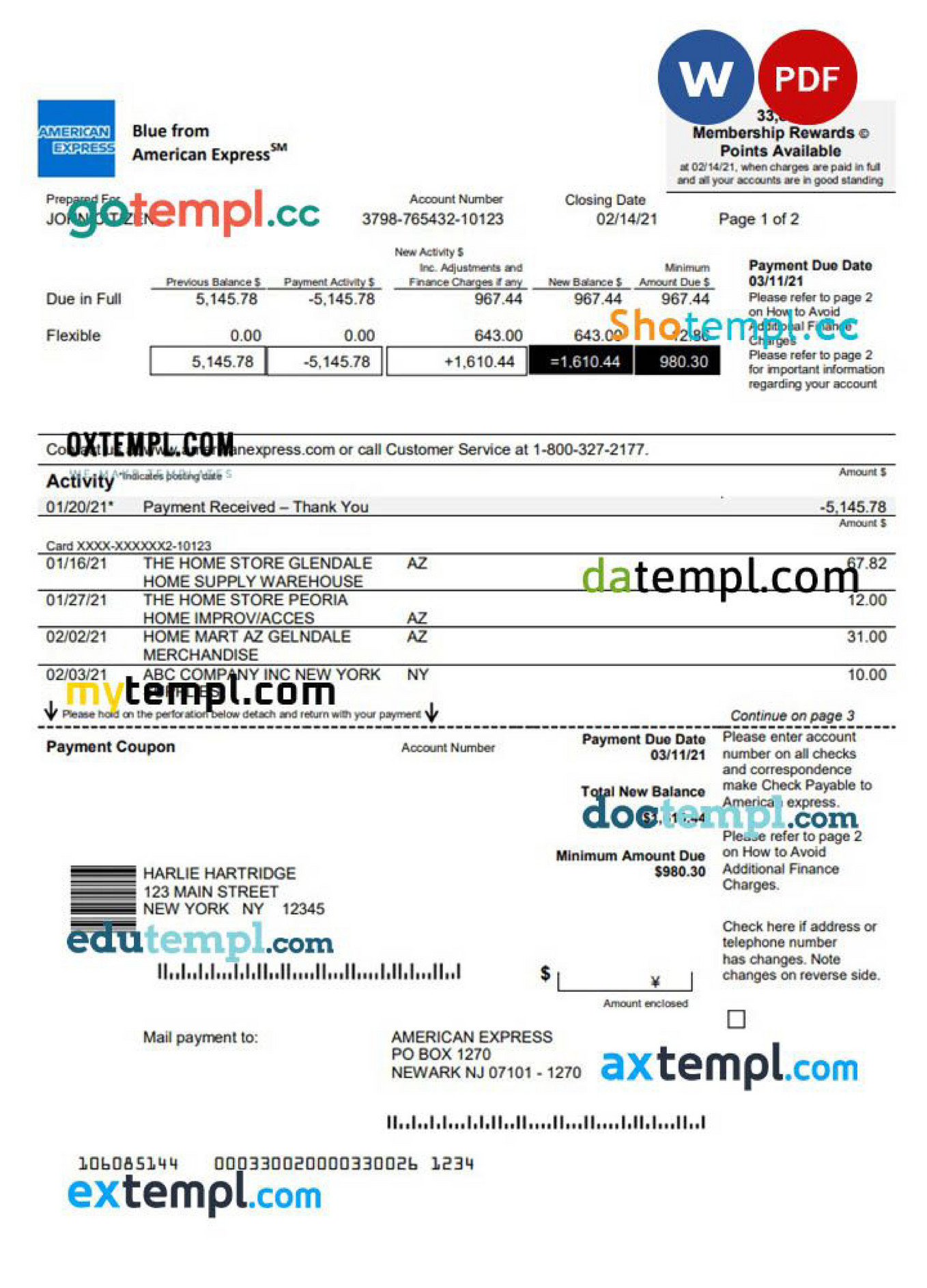 Doctempl USA New York American Express Blue Banking Statement In Word And PDF Format Page 1