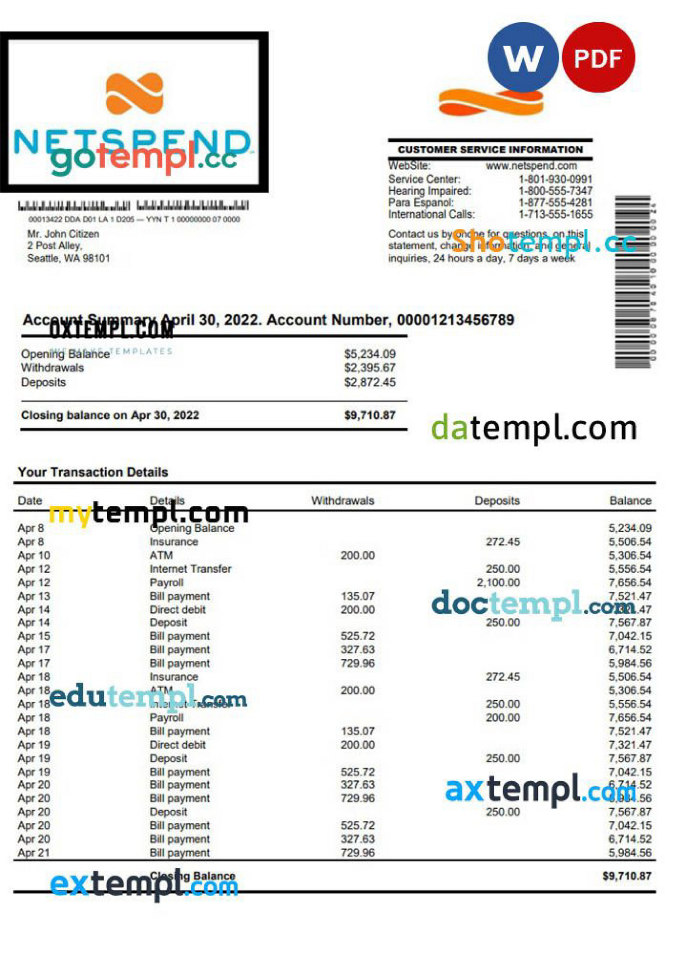Doctempl - USA Netspend banking statement Word and PDF template - Page 1