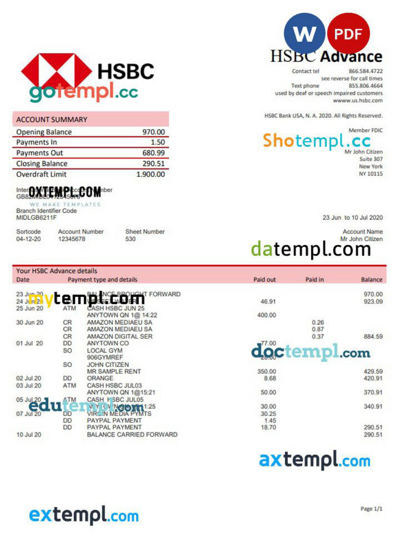 Doctempl - USA HSBC banking statement template in Word and PDF format ...