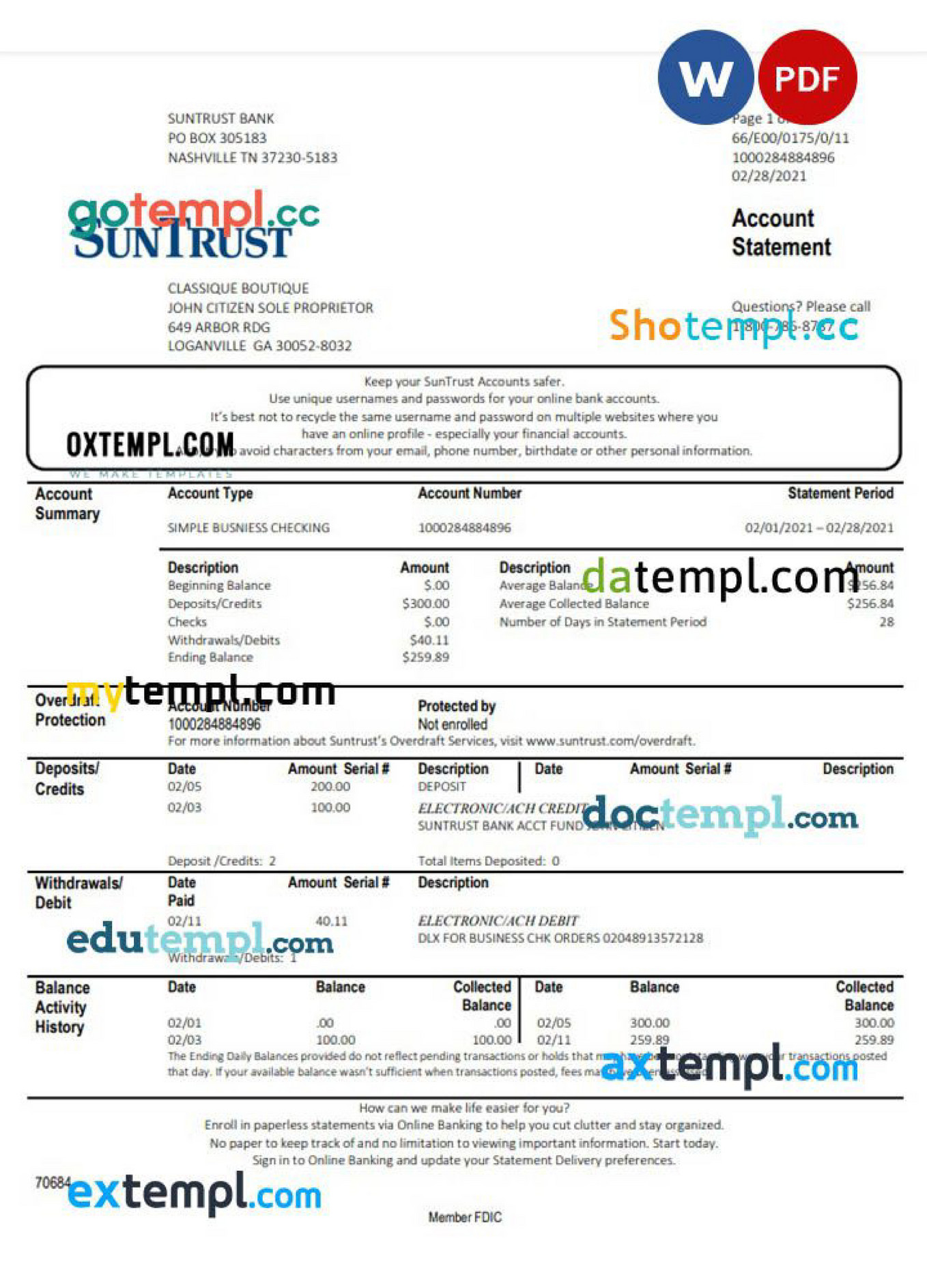 Doctempl USA SunTrust bank proof of address statement