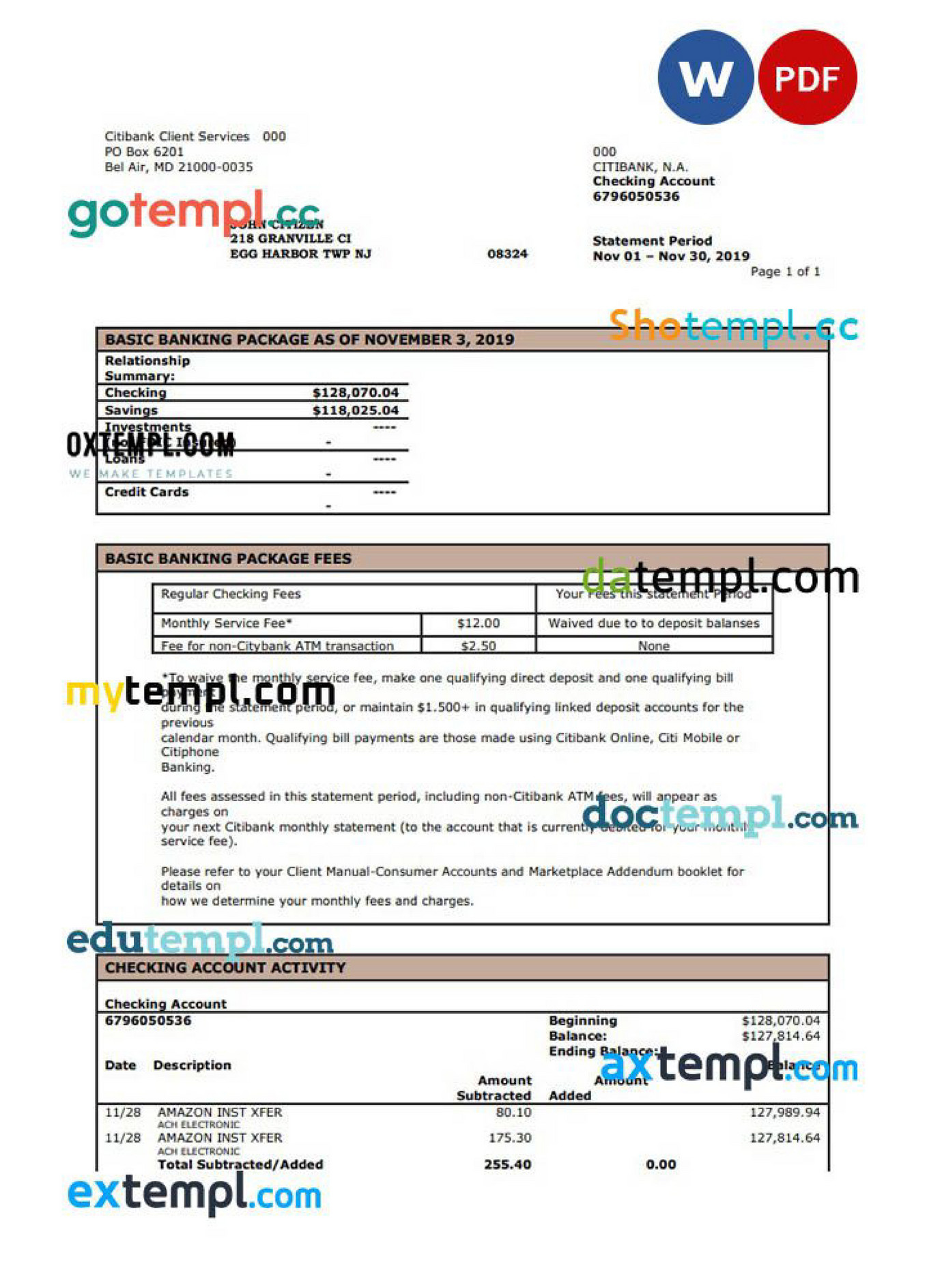 Doctempl - USA City Bank statement template in Word and PDF format - Page 1