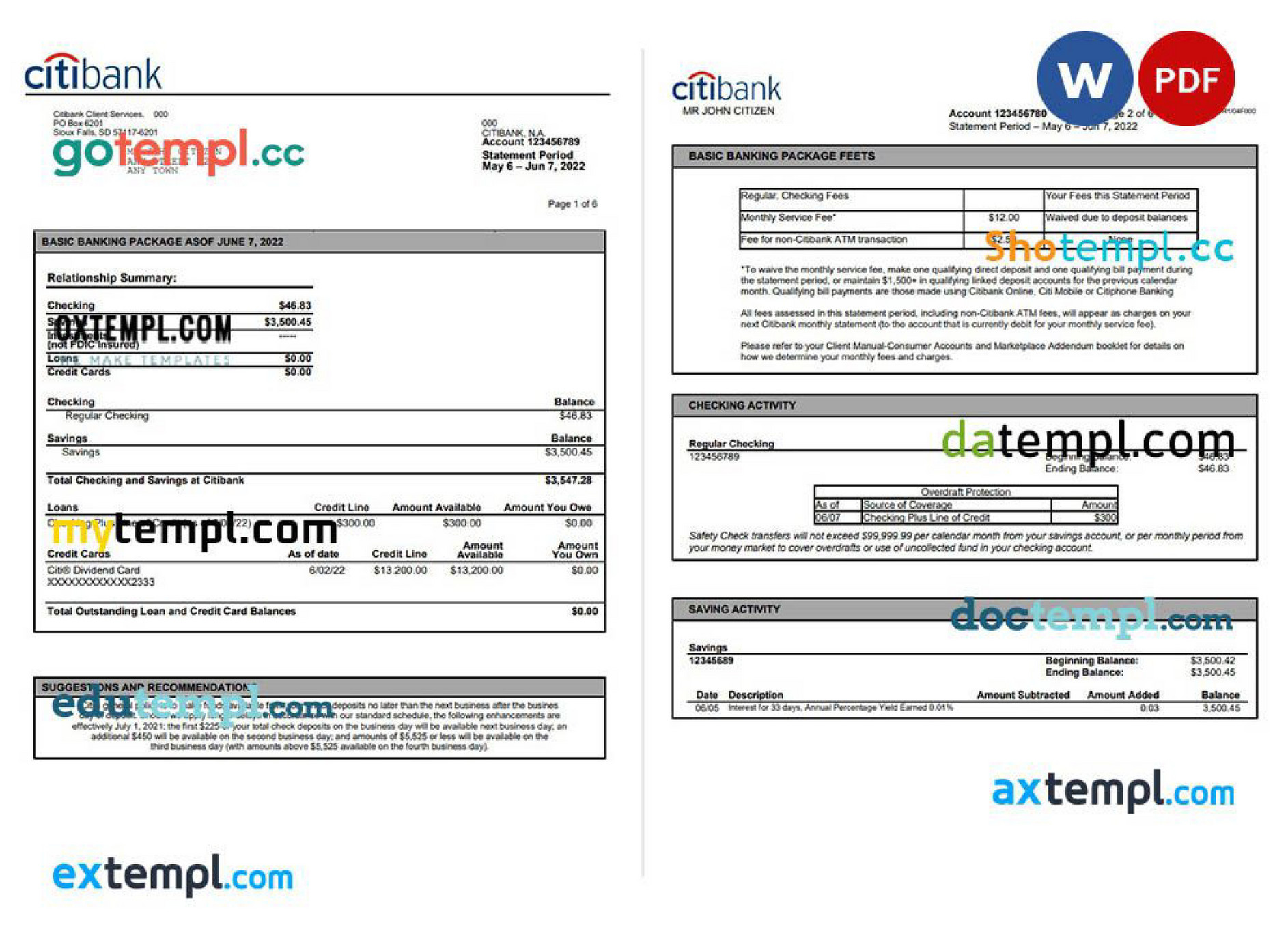 Doctempl USA Citibank Banking Statement Word And PDF Template 6 Pages Page 1