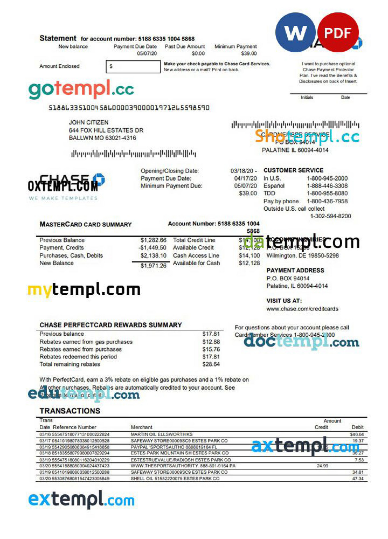 Doctempl Usa Chase Bank Mastercard Card Statement Easy To Fill Template In Word And Pdf Format 8230