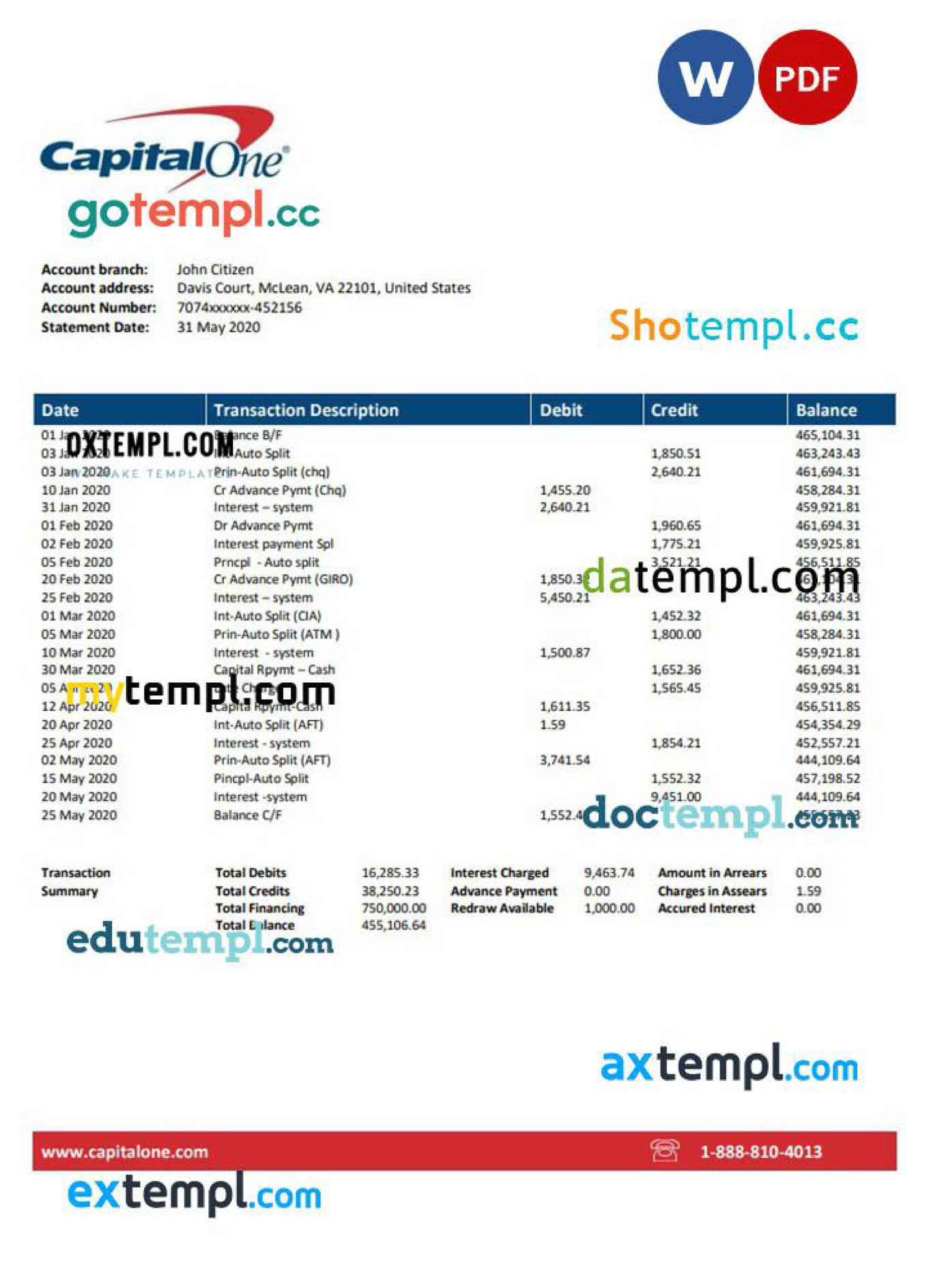 Doctempl USA Capital One banking statement template, Word and PDF