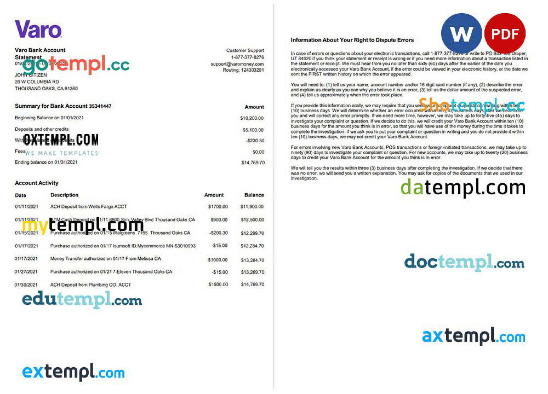 Doctempl USA California Varo banking statement template in Word and