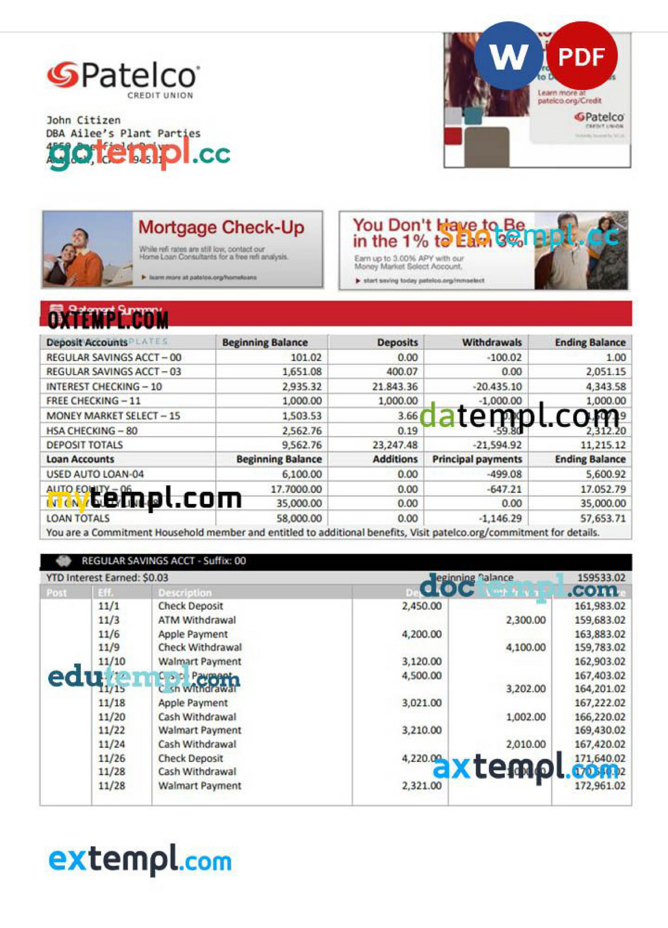 Doctempl - USA California Patelco Credit Union banking statement
