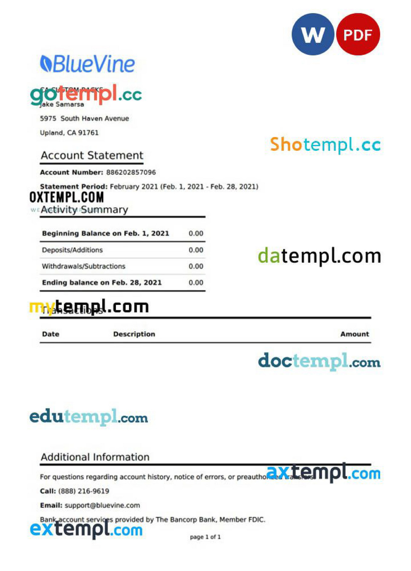 Doctempl Usa California Bluevine Banking Statement Template In Word