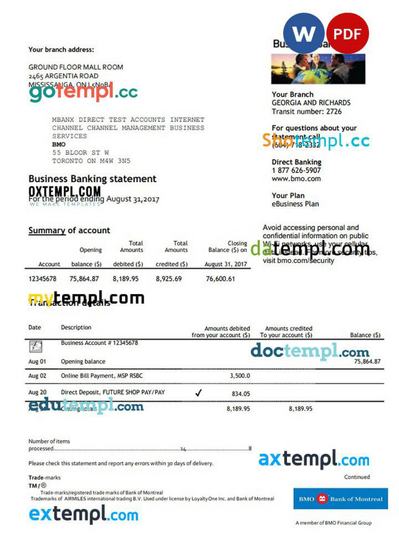 bmo bank address for direct deposit