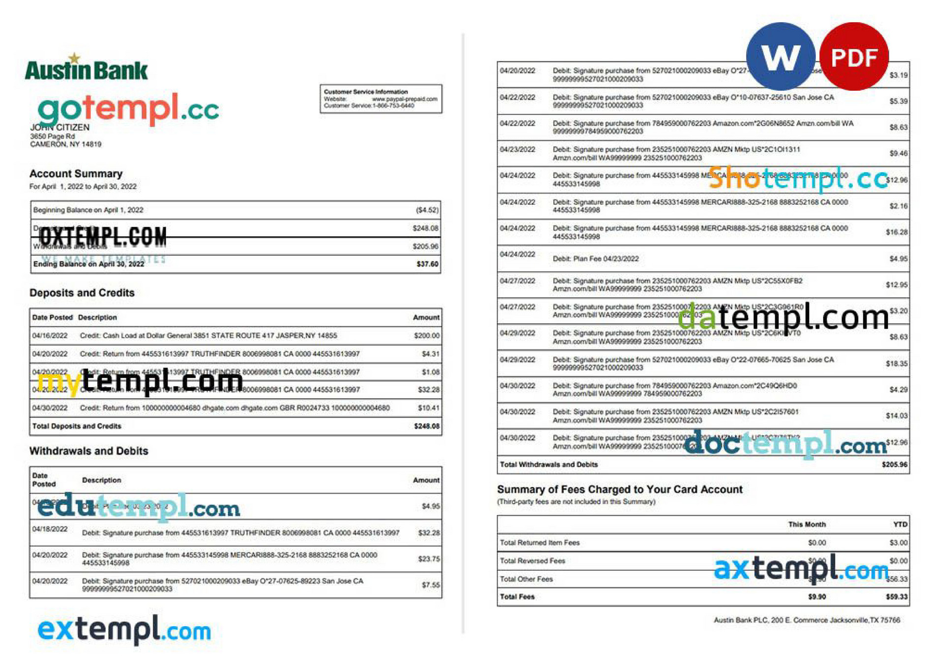 Doctempl Usa Austin Banking Statement Word And Pdf Template Pages