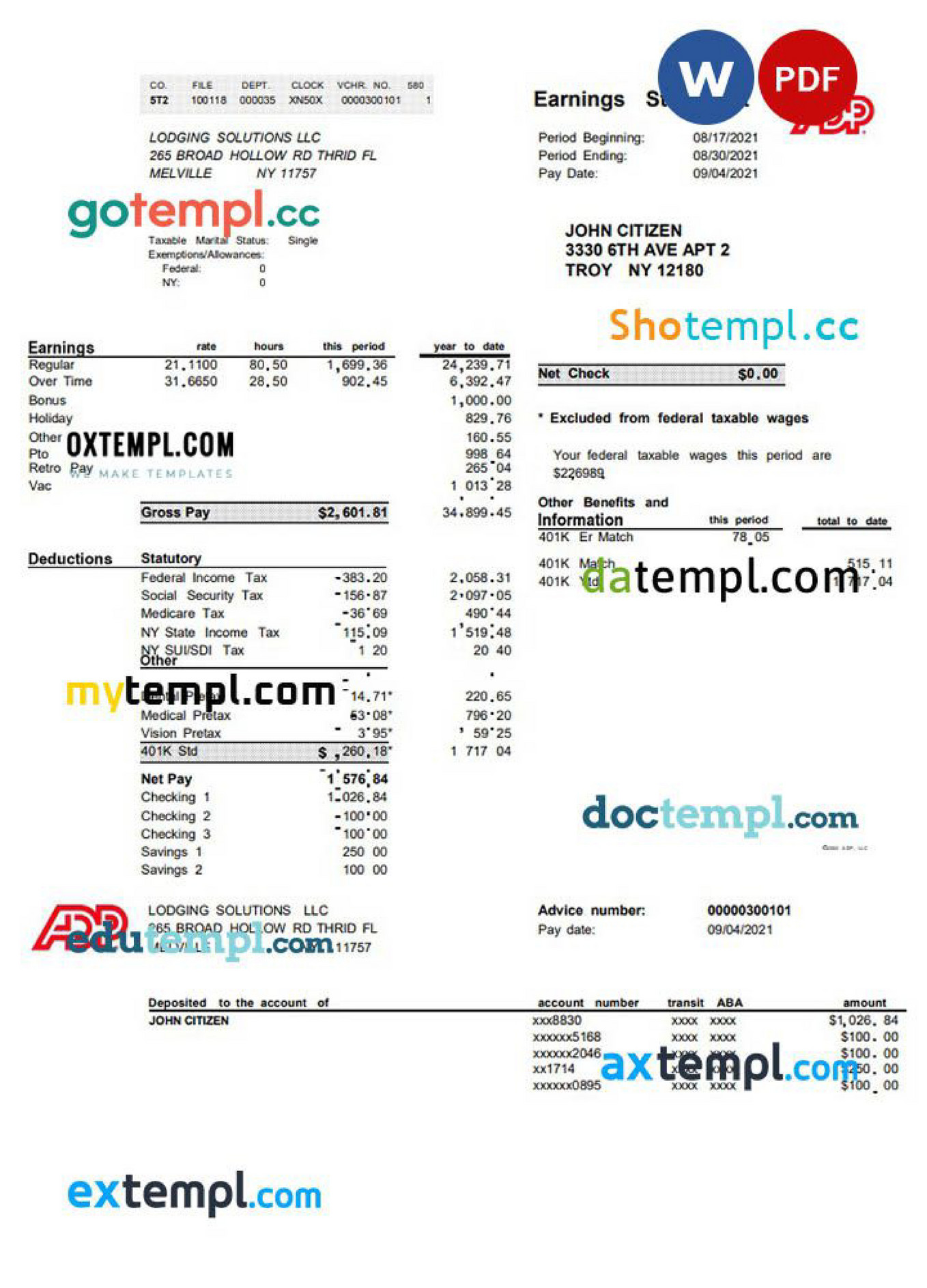Doctempl - USA ADP business corporate earnings statement template in