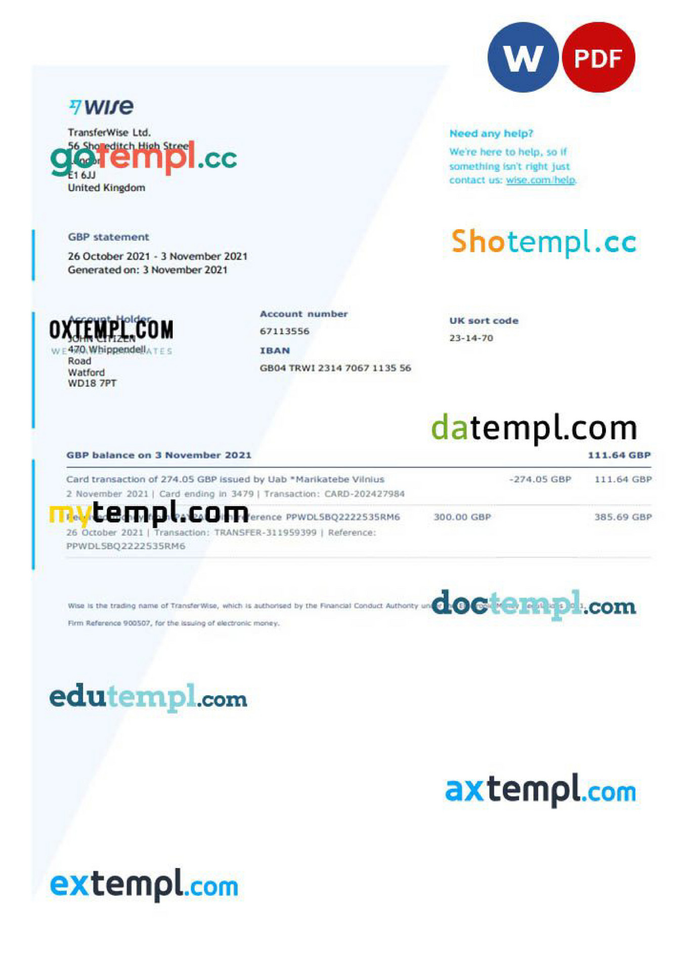 Doctempl United Kingdom Wise Banking Statement Template In Word And Pdf Format Page