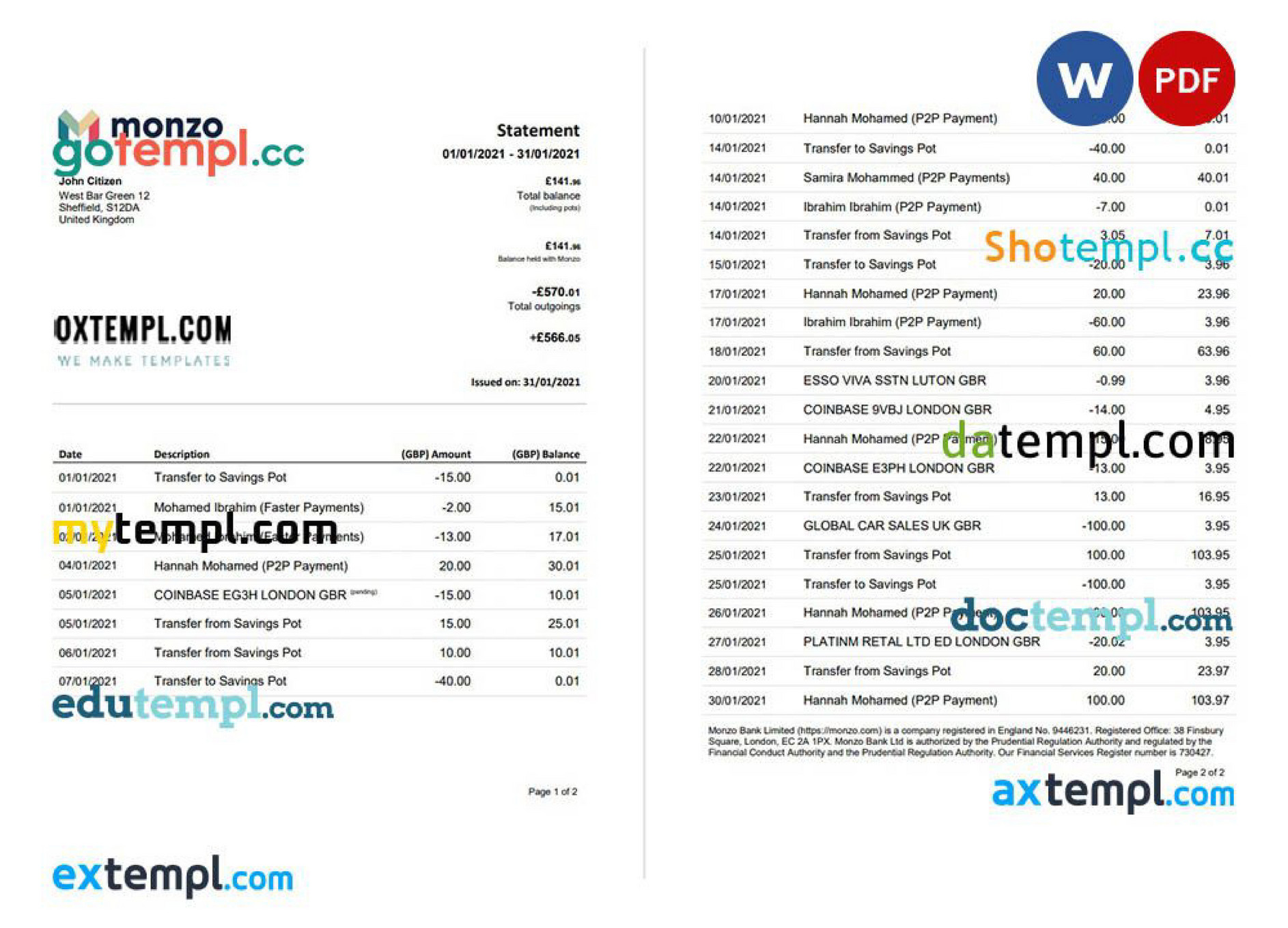 Doctempl - United Kingdom Monzo banking statement template in Word and ...