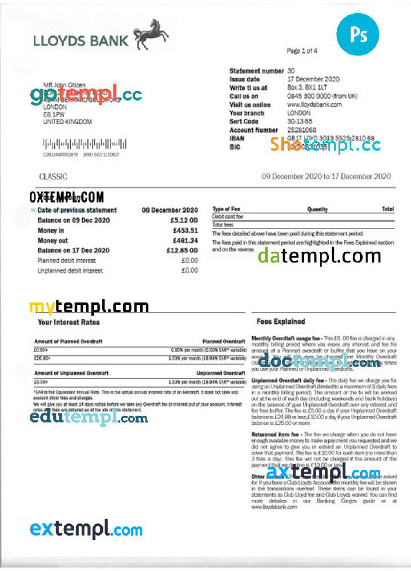 Doctempl United Kingdom Lloyds Bank Proof Of Address Statement Template Fully Editable In Psd