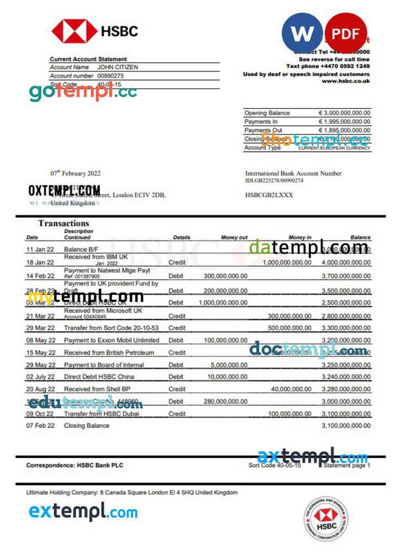 Doctempl United Kingdom Hsbc Banking Statement Word And Pdf Template Version Page