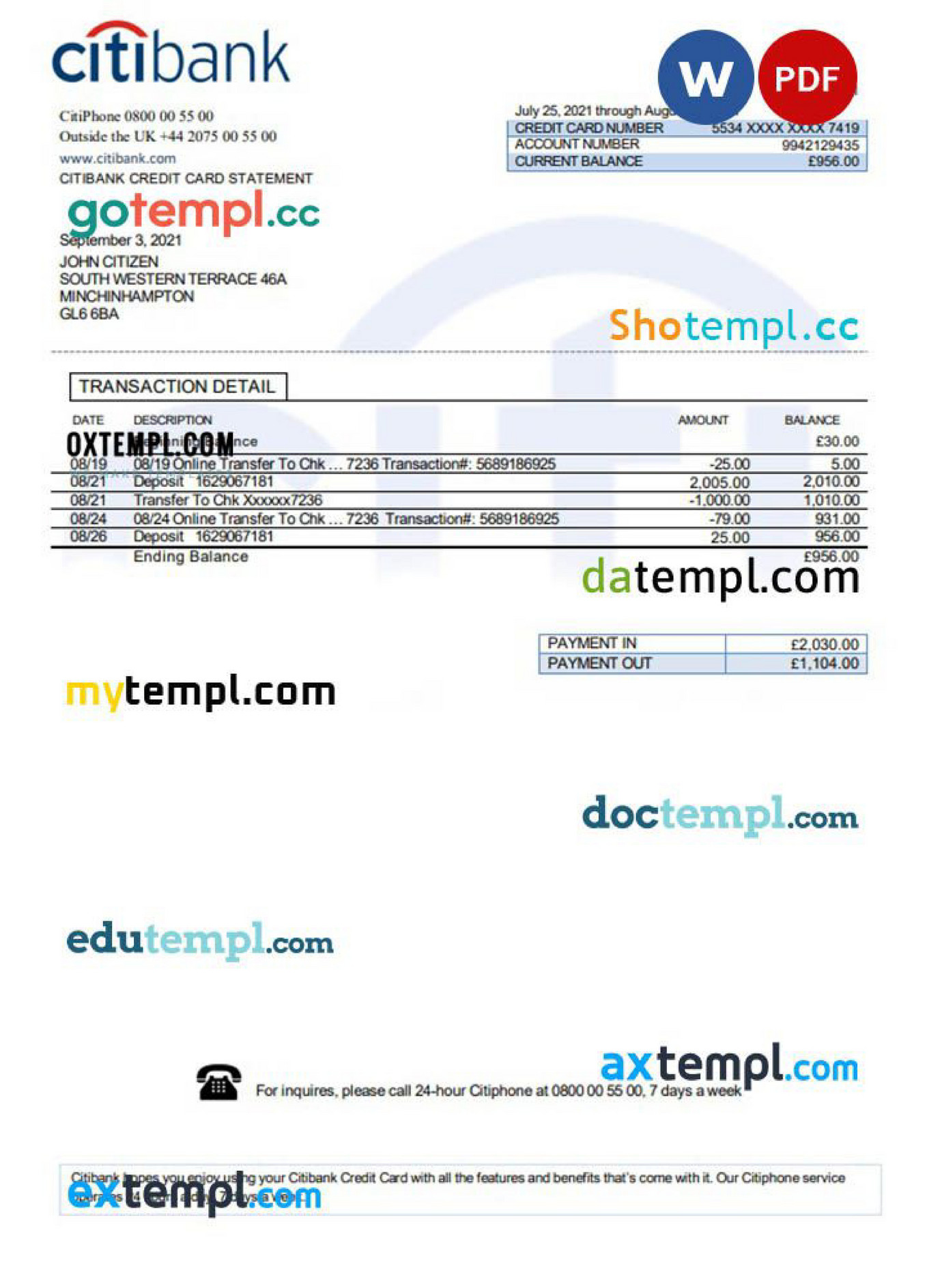 Doctempl United Kingdom Citibank banking statement template in .doc