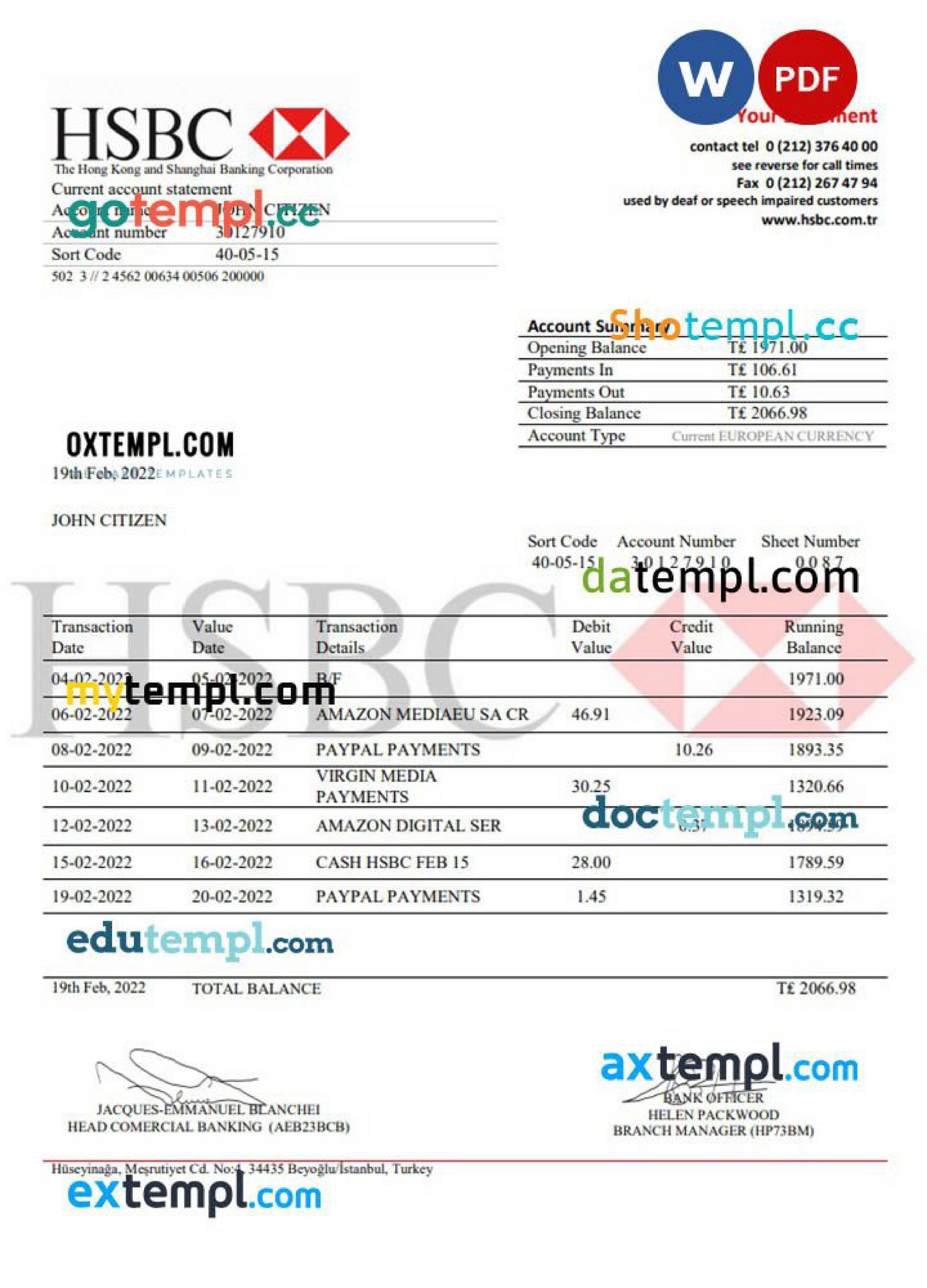 Doctempl - Turkey HSBC banking statement template in .doc and .pdf ...