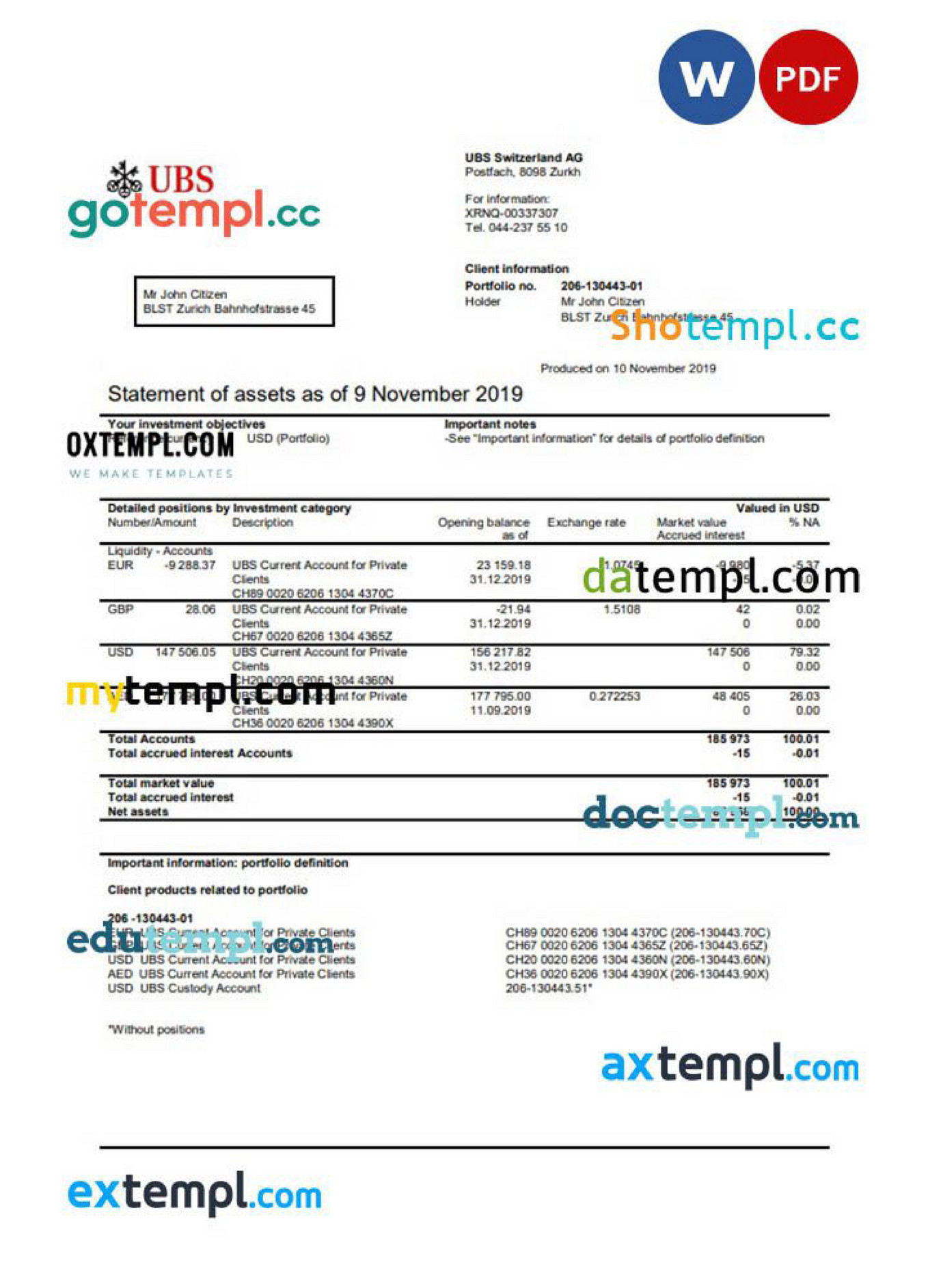 Doctempl Switzerland UBS banking statement template in Word and PDF