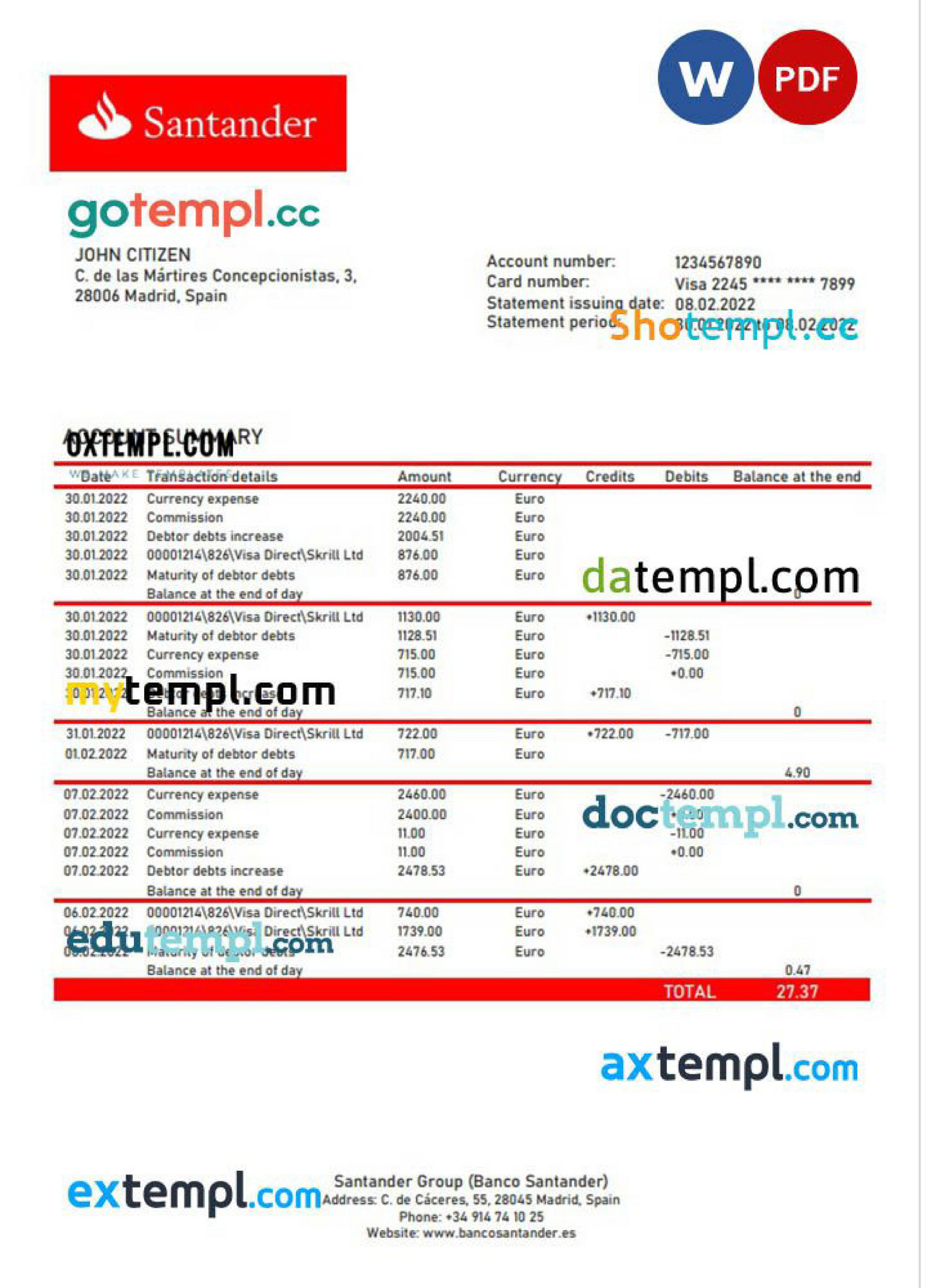 Doctempl Spain Santander banking statement template in Word and PDF