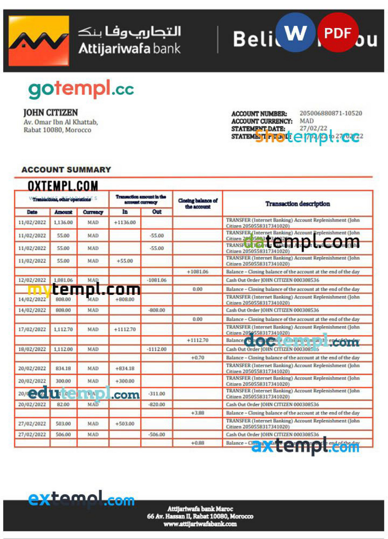 Doctempl Morocco Attijariwafa banking statement template in Word and