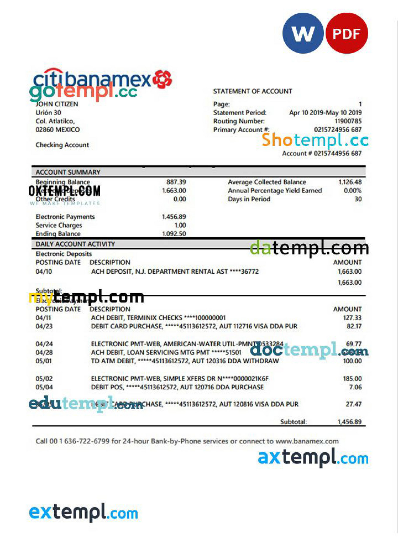 Doctempl Mexico Citibanamex bank proof of address statement template