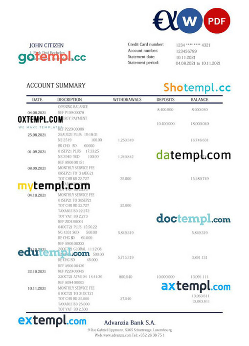 Doctempl - Luxembourg Advanzia bank proof of address statement template ...