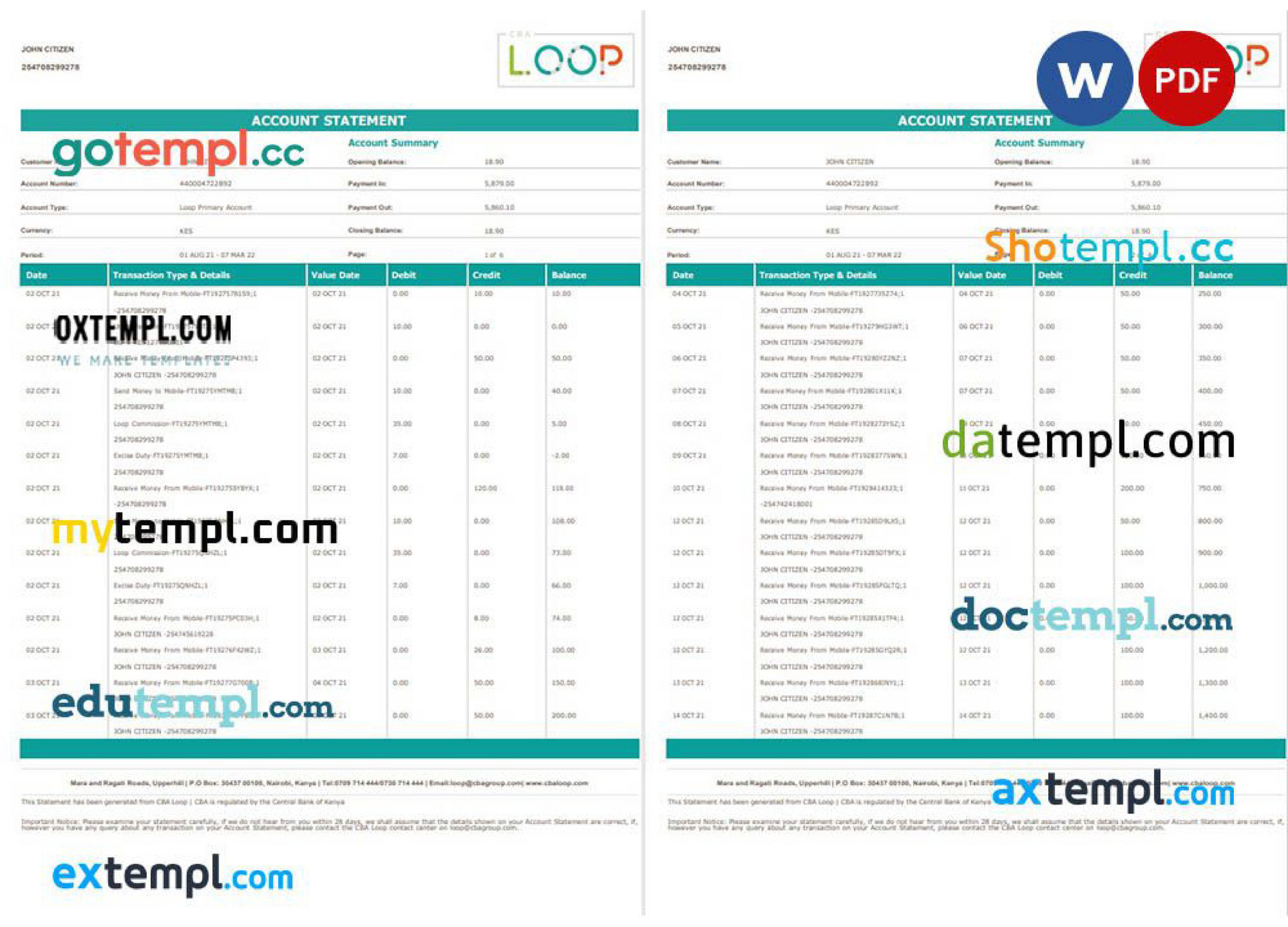 Doctempl - Kenya CBA Loop banking statement, Word and PDF template, 6 ...