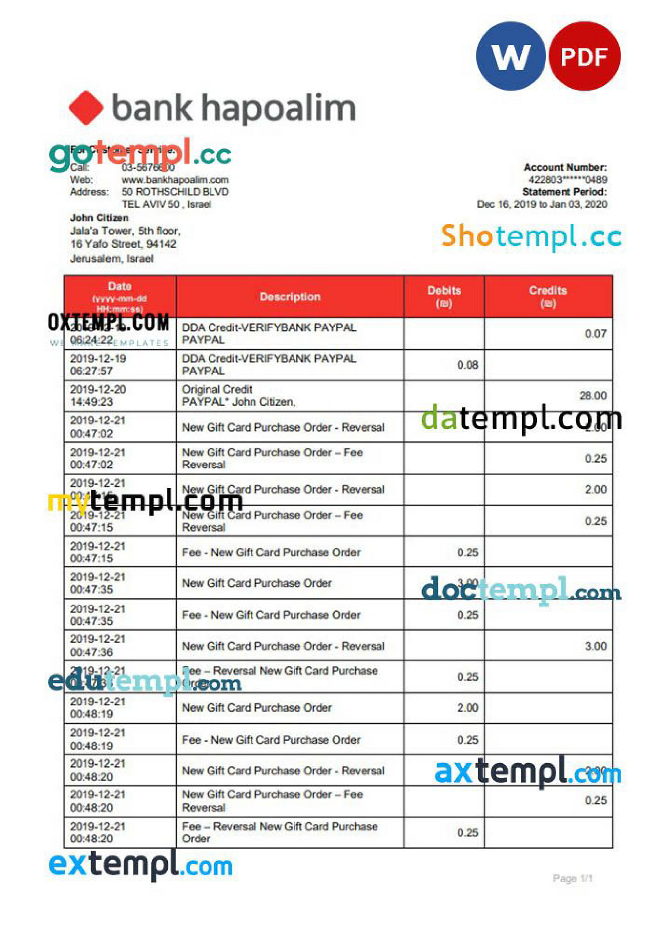 Doctempl Israel Bank Hapoalim proof of address banking statement