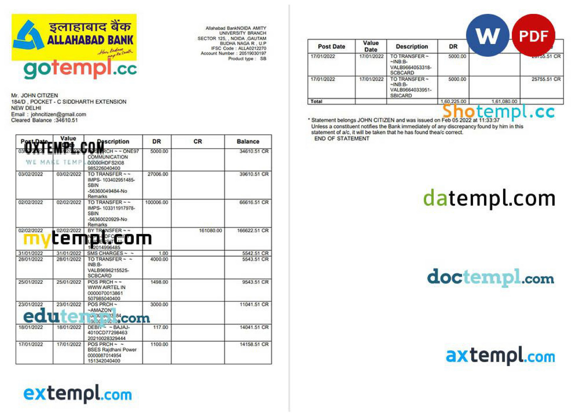 Doctempl - India Allahabad banking statement, Word and PDF template, 2 ...