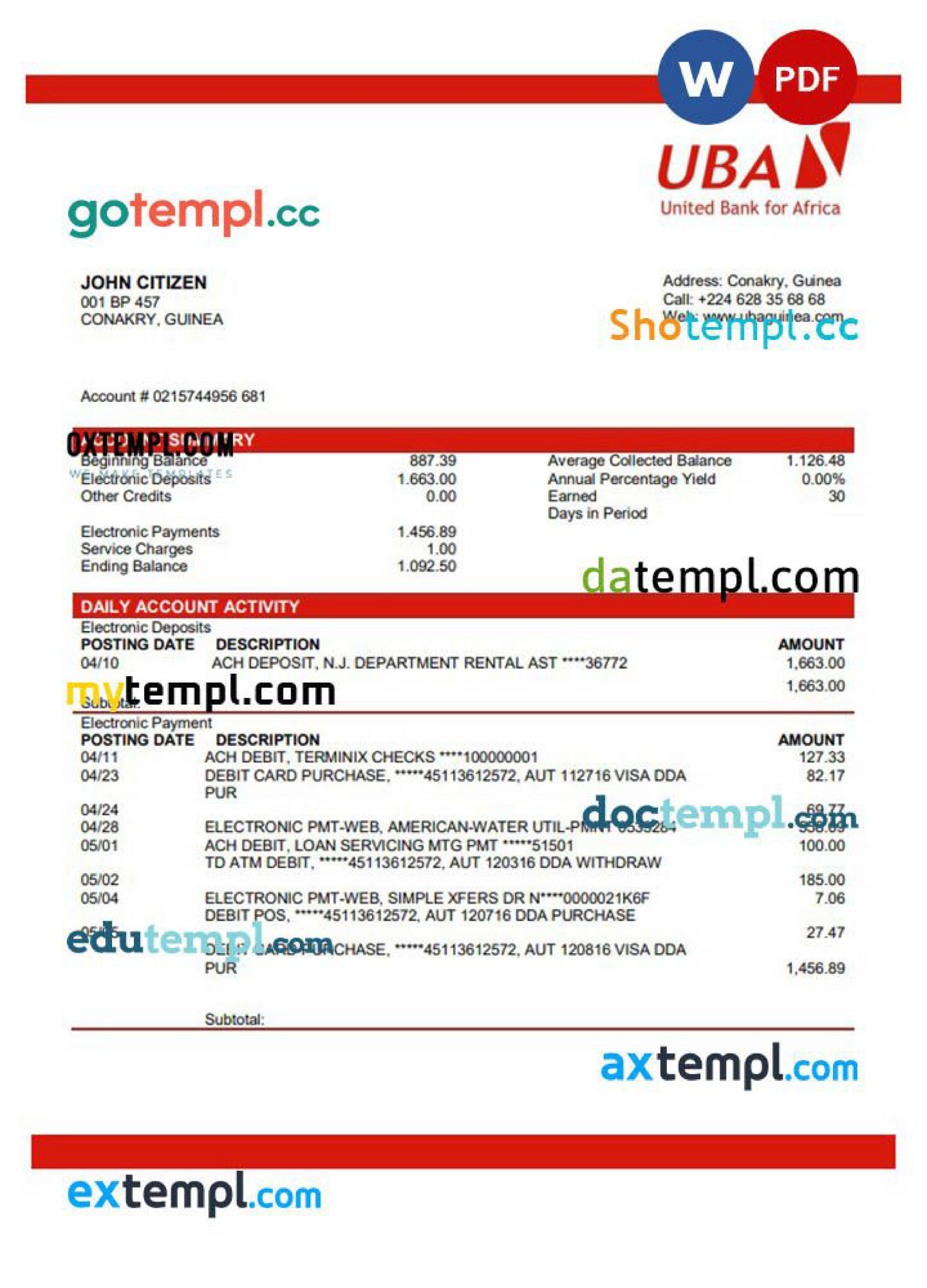 Doctempl Guinea UBA banking statement template in Word and PDF format