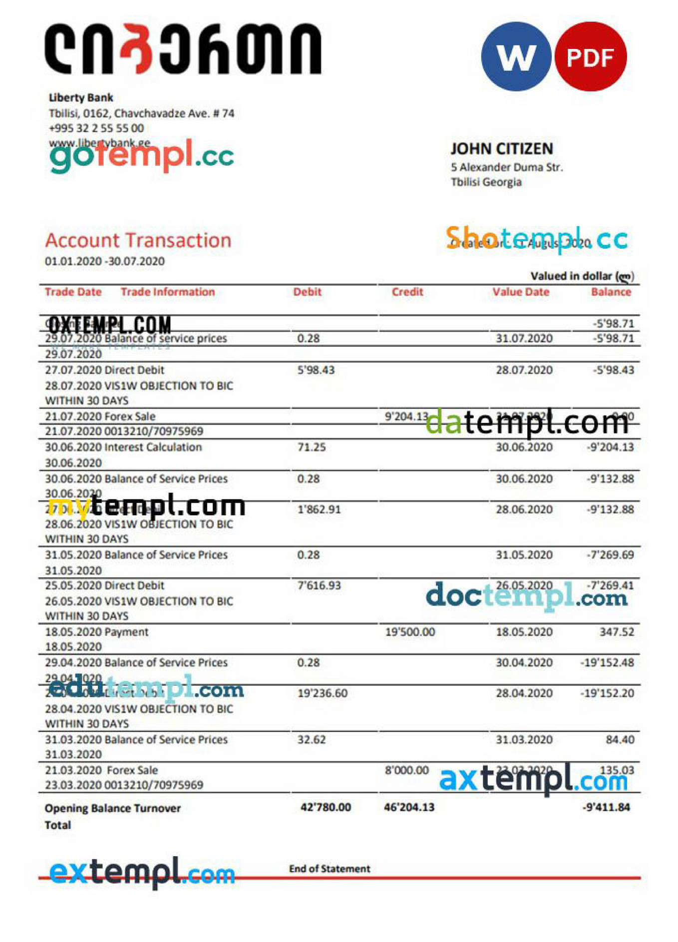 Doctempl Liberty Bank proof of address statement template in
