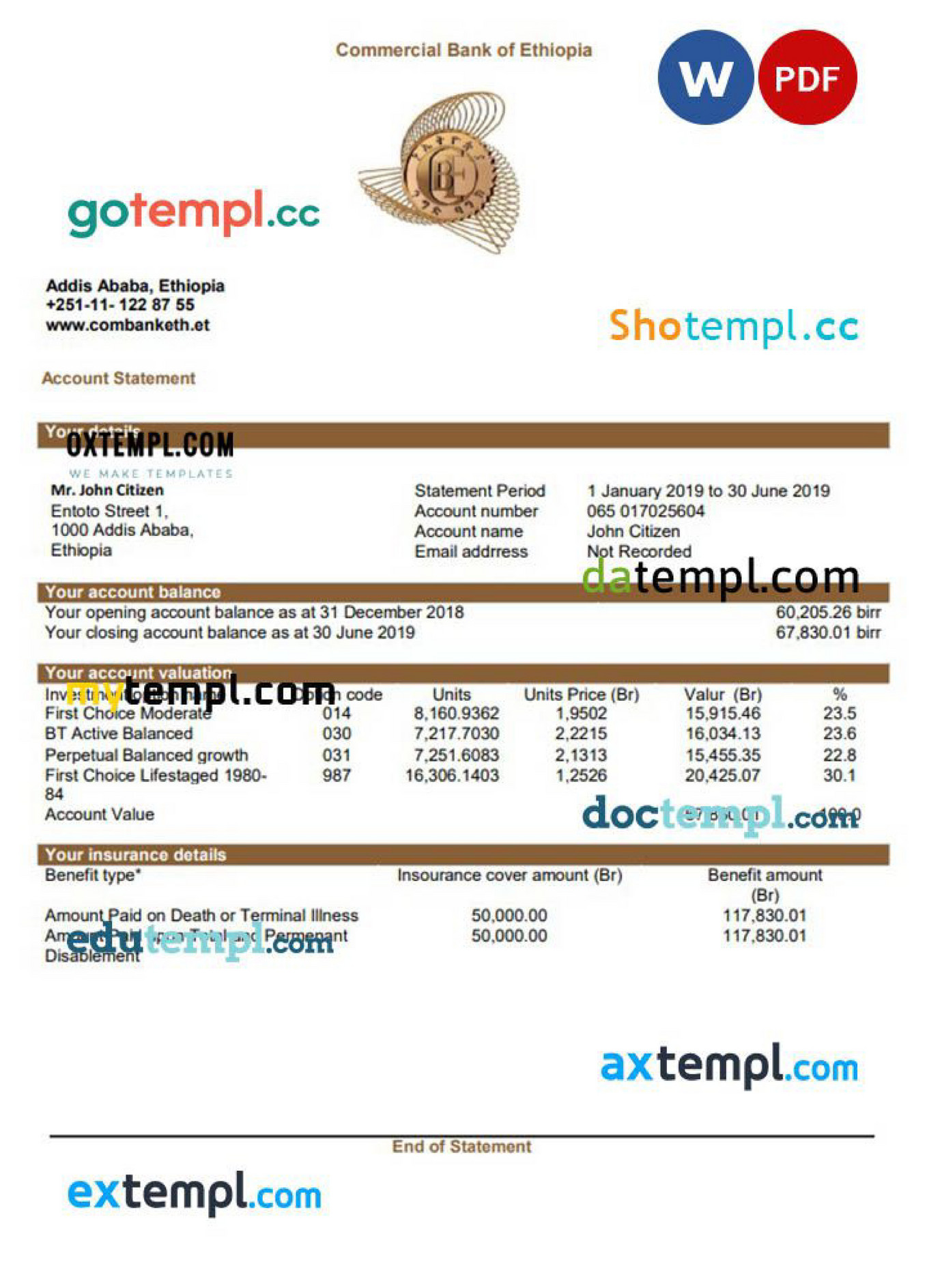 Doctempl Ethiopia Commercial Bank of Ethiopia banking statement template in Word and PDF