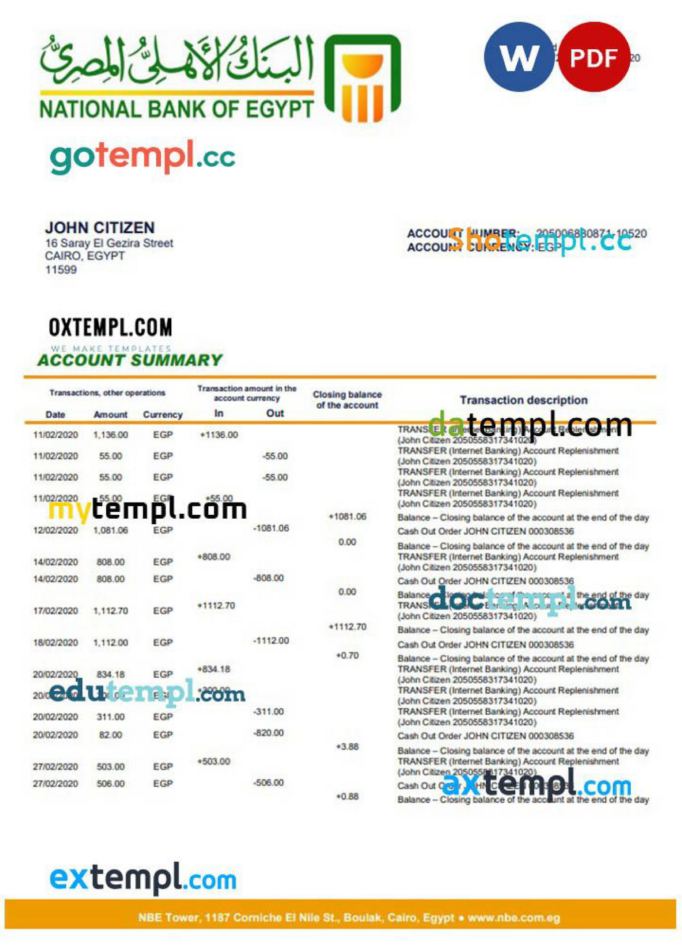 Doctempl - Egypt National Bank Of Egypt Proof Of Address Banking 