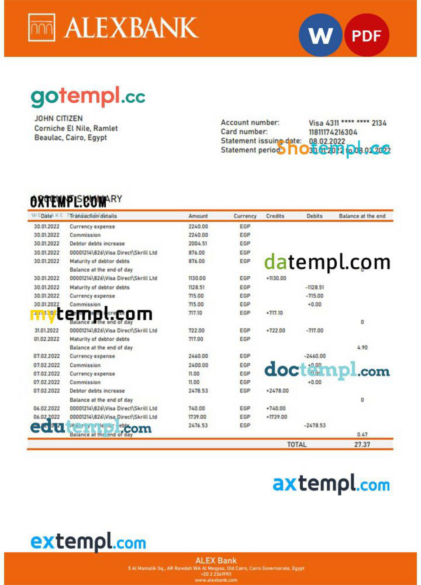 Doctempl Egypt Alex Bank of Egypt proof of address banking statement template in Word and PDF