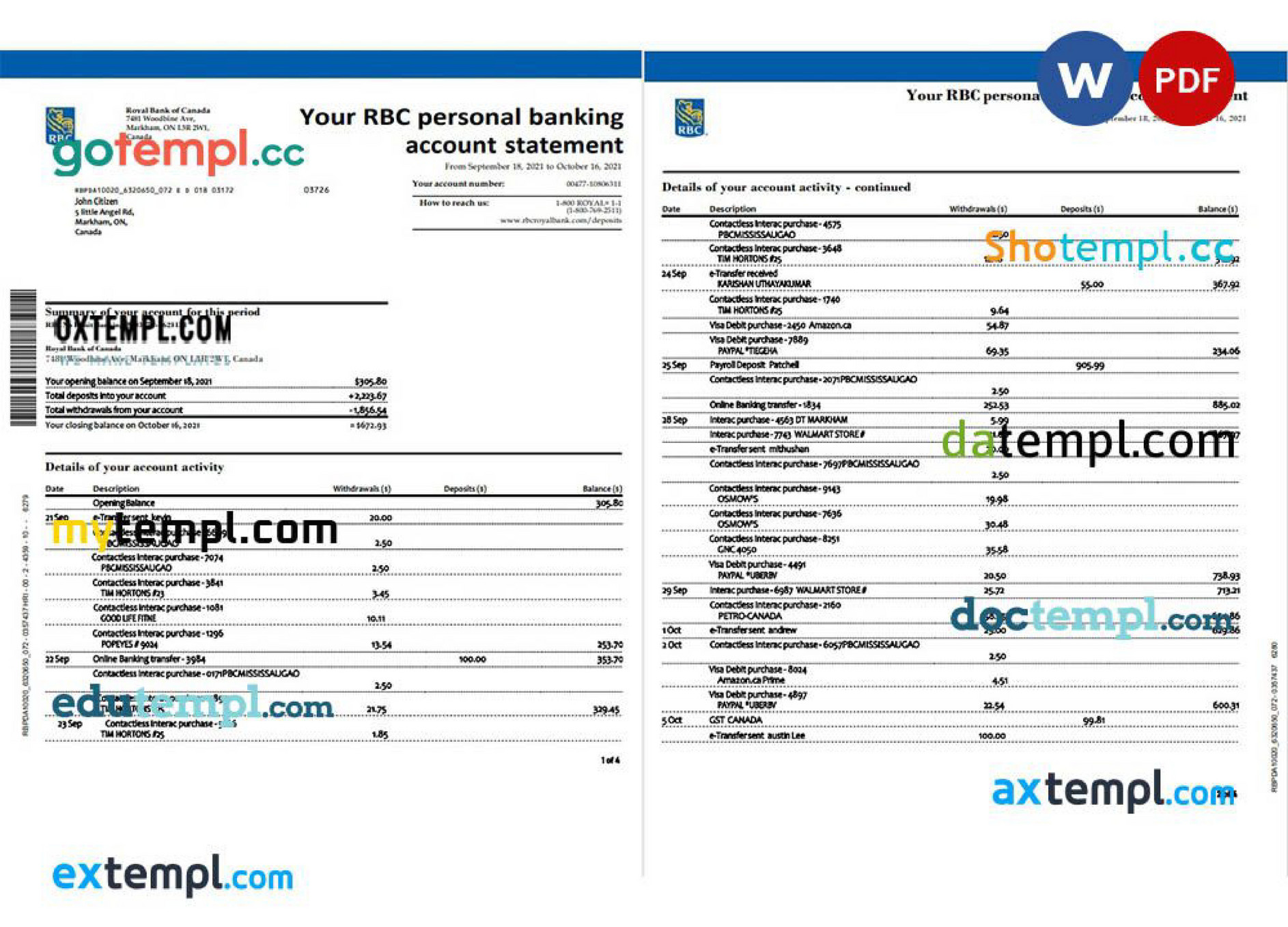 Doctempl - Canada Royal Bank Of Canada (RBC) Banking Statement Template ...