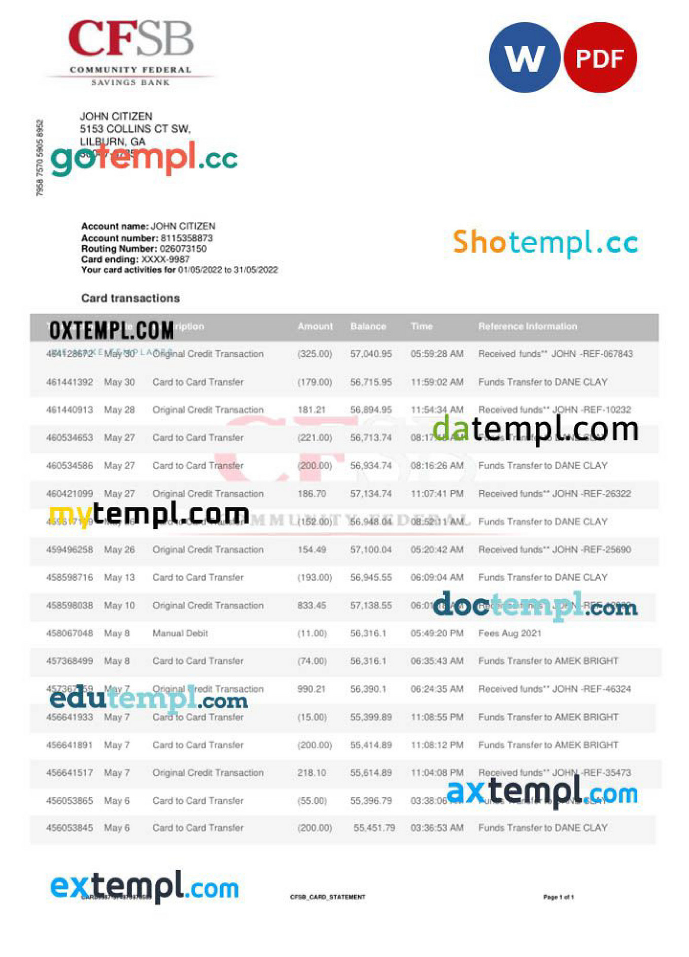 Doctempl - Canada CFSB banking statement, Word and PDF template - Page 1