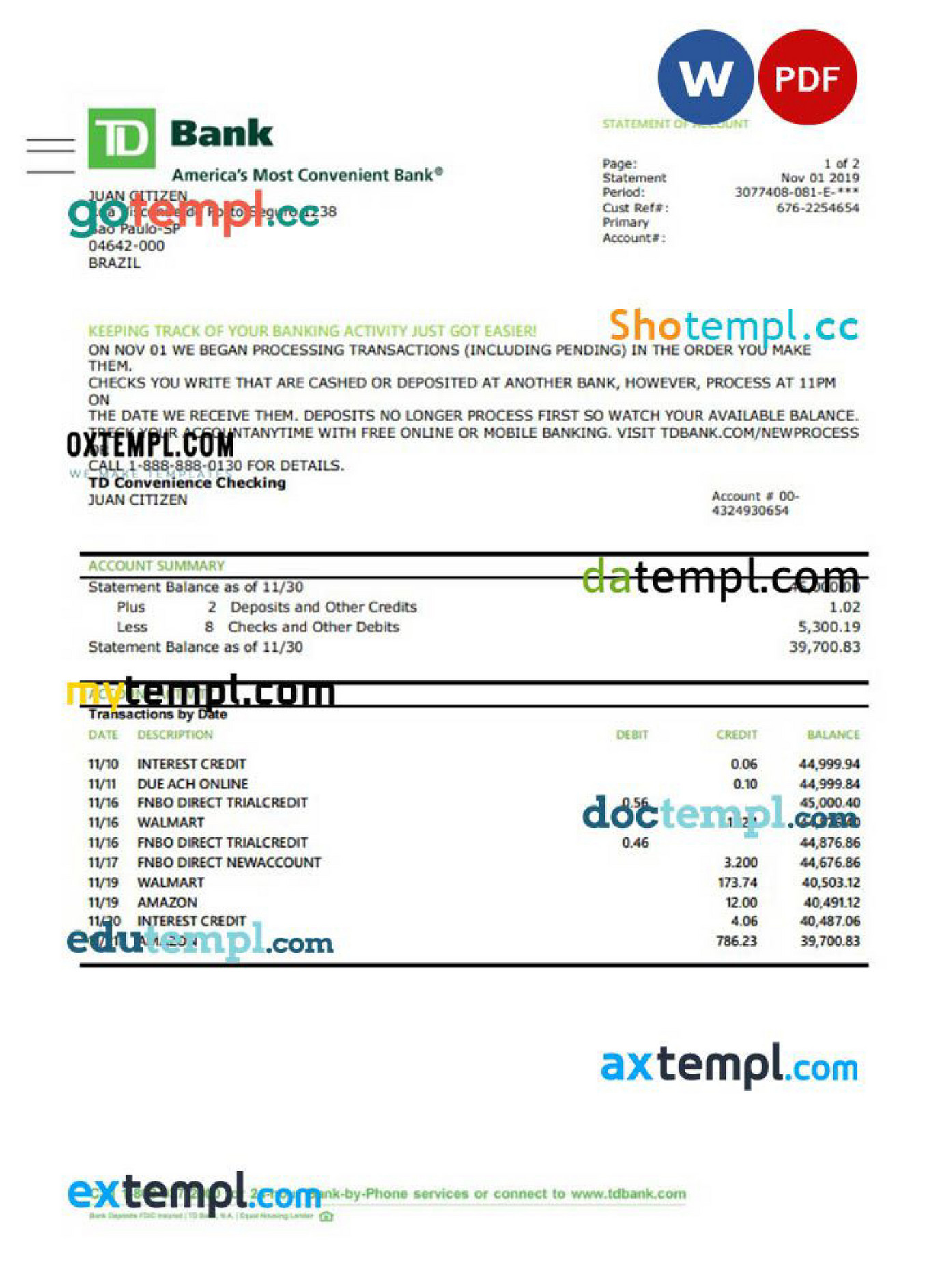 Doctempl - Brazilian TD bank proof of address statement example in Word ...