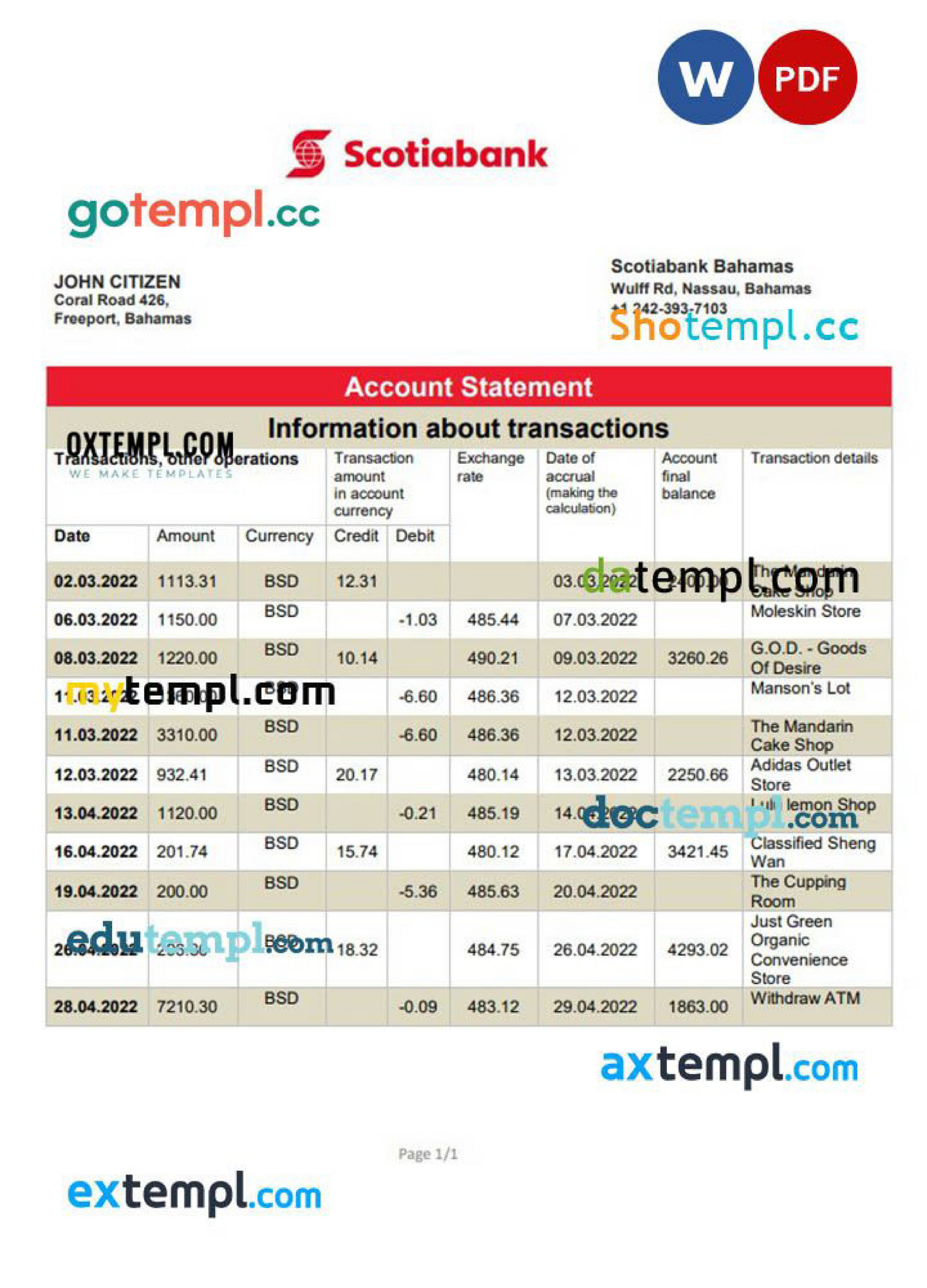 Doctempl - Bahamas Scotiabank bank statement 3 – 6 months example in
