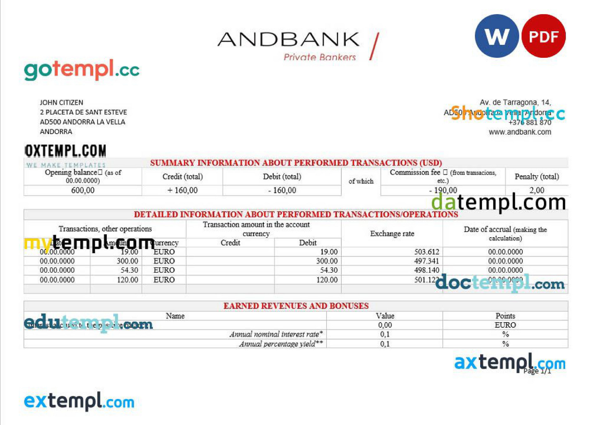 Doctempl Andorran Andbank Bank Statement 3 6 Months Example In Word And Pdf Format Good For 6514