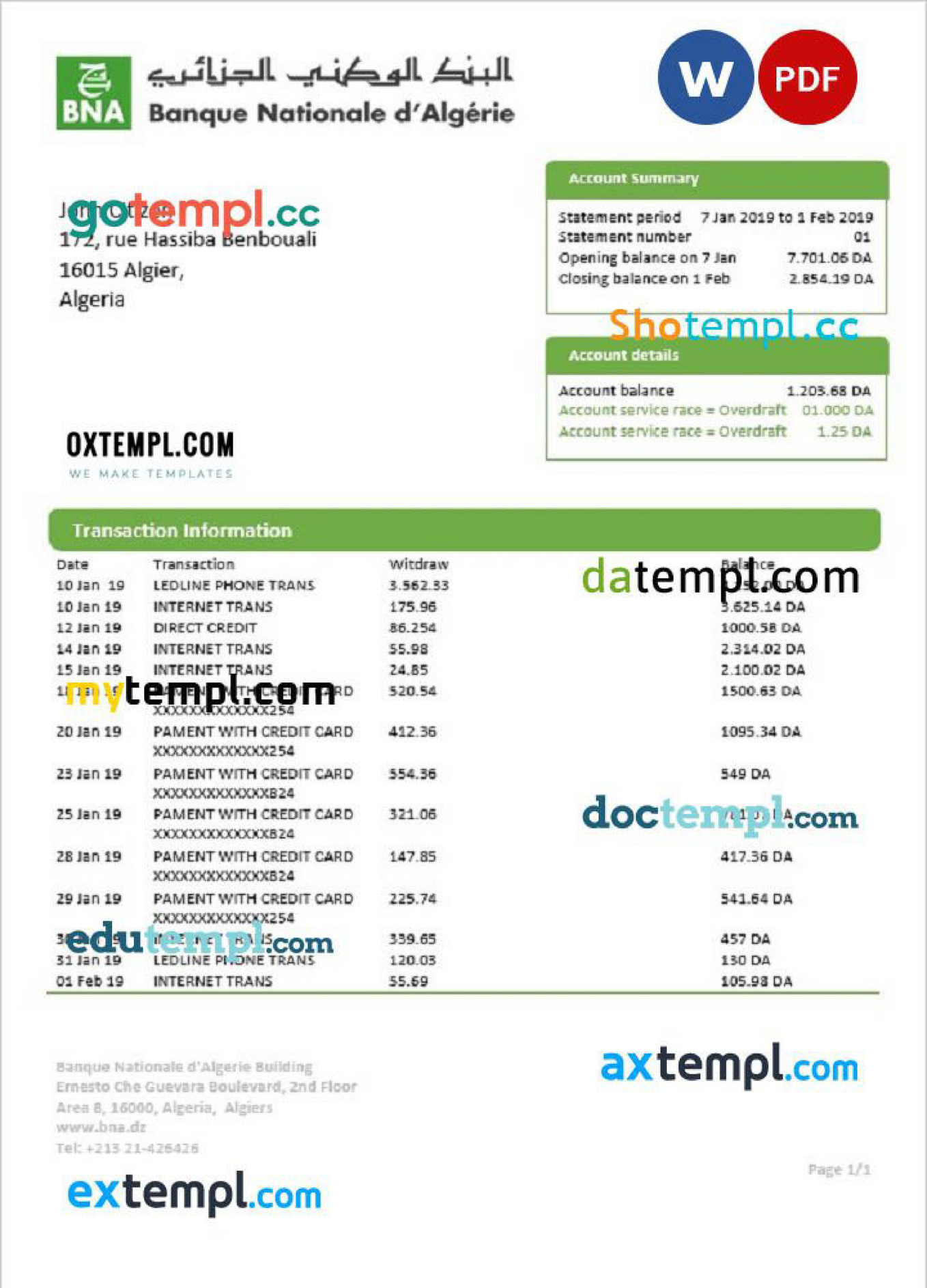 Doctempl Algeria Banque Nationale D Alg rie BNA Bank Statement Page 1