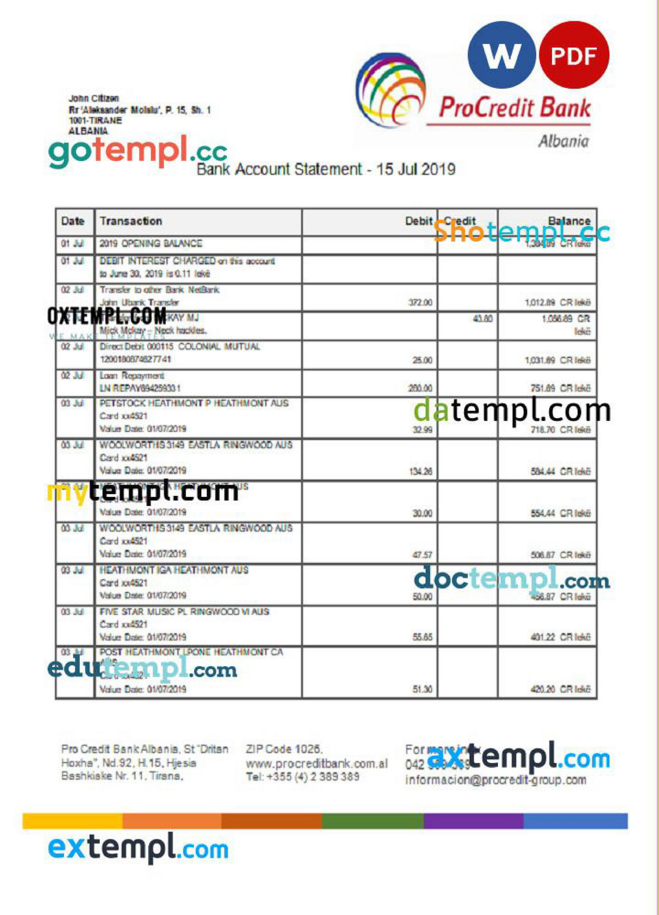Doctempl Albanian ProCreditBank proof of address bank statement 3 6