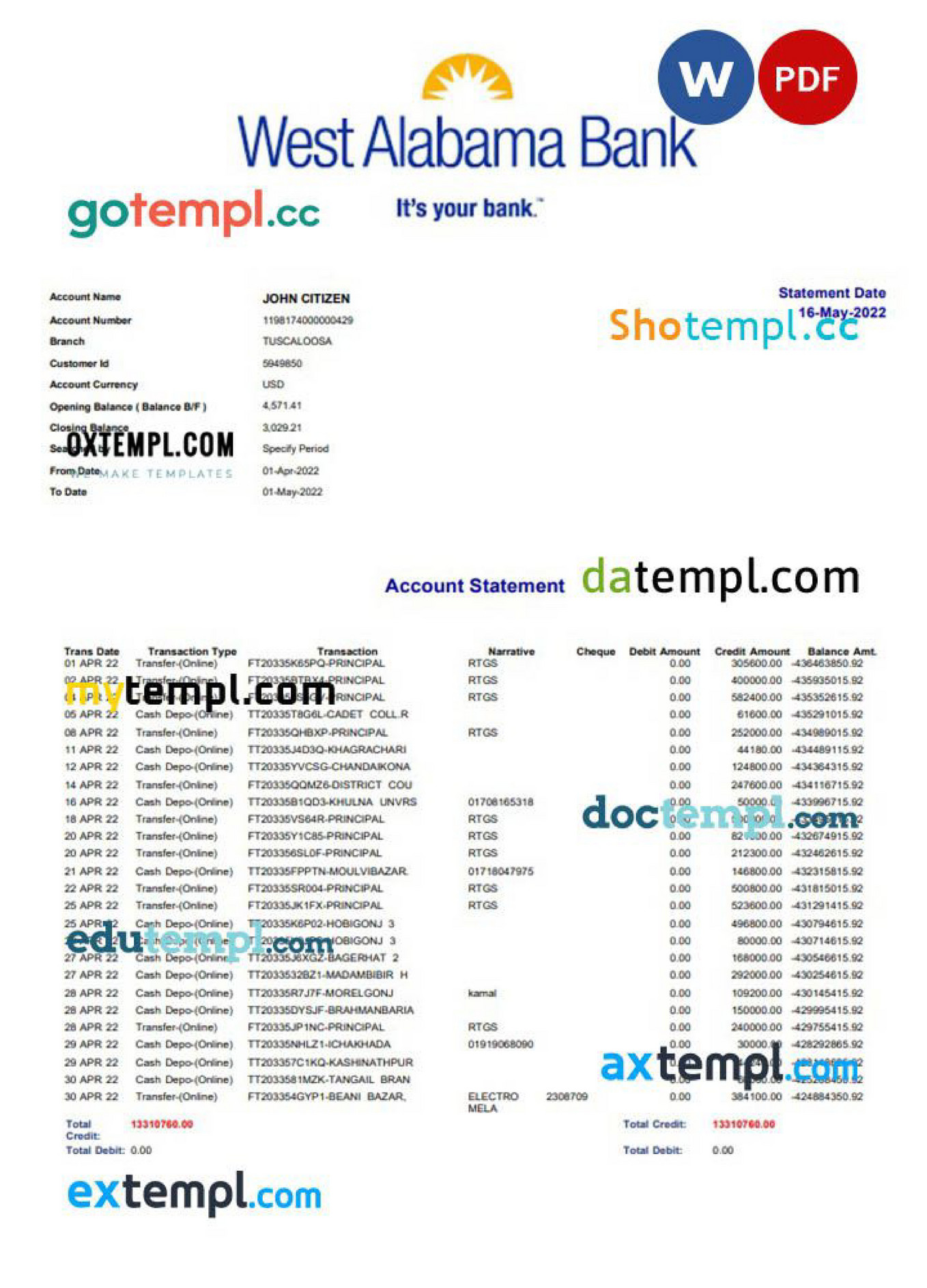 Doctempl USA West Alabama bank statement Page 1
