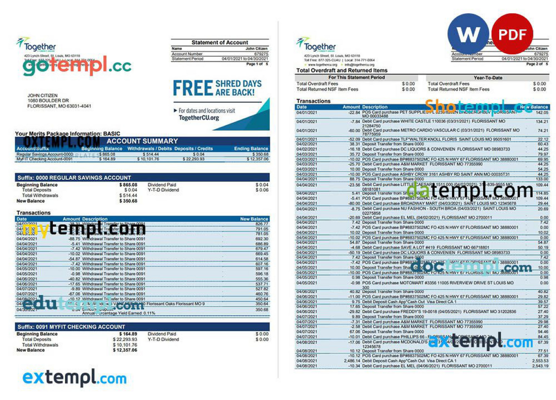 Doctempl - USA Missouri Together Credit Union bank statement template