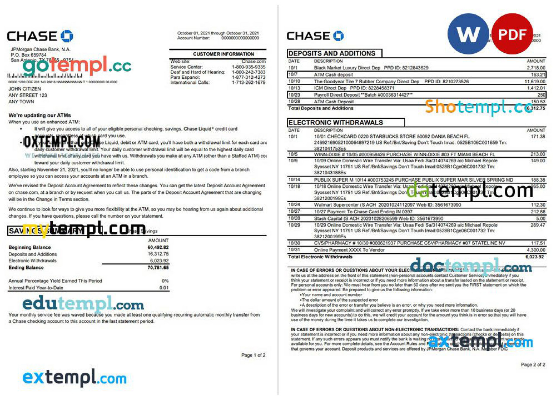 Doctempl USA JP Chase bank statement template in .doc and .pdf