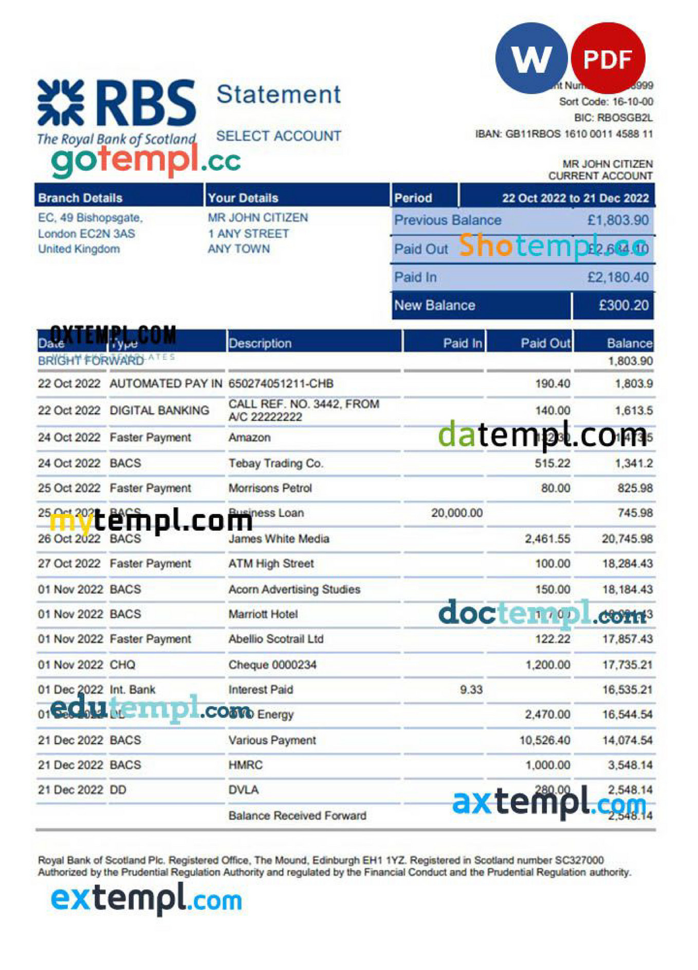 Doctempl - United Kingdom Royal Bank of Scotland (RBS) bank statement ...