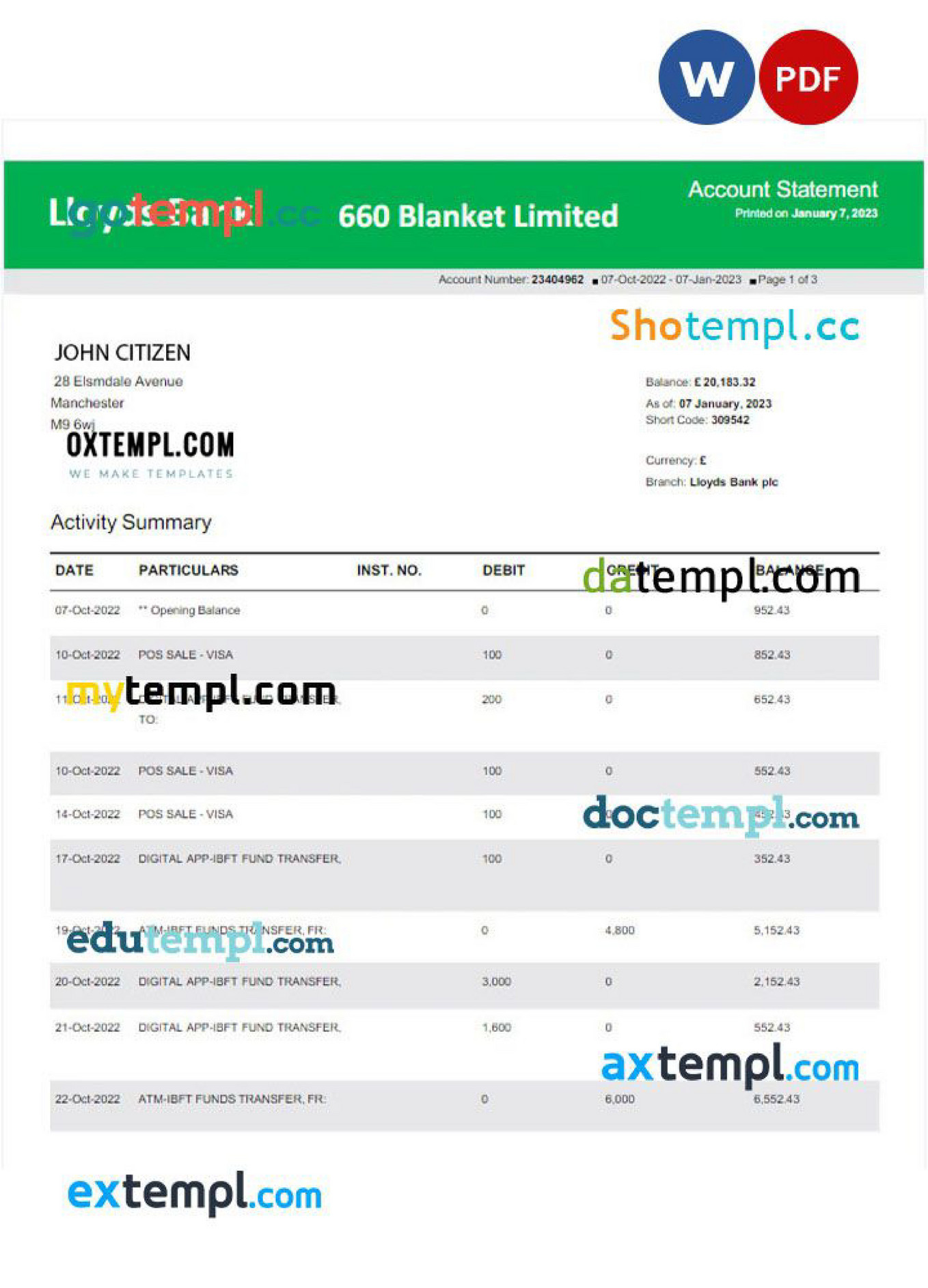 Doctempl - United Kingdom Lloyds Bank statement Word and PDF template ...