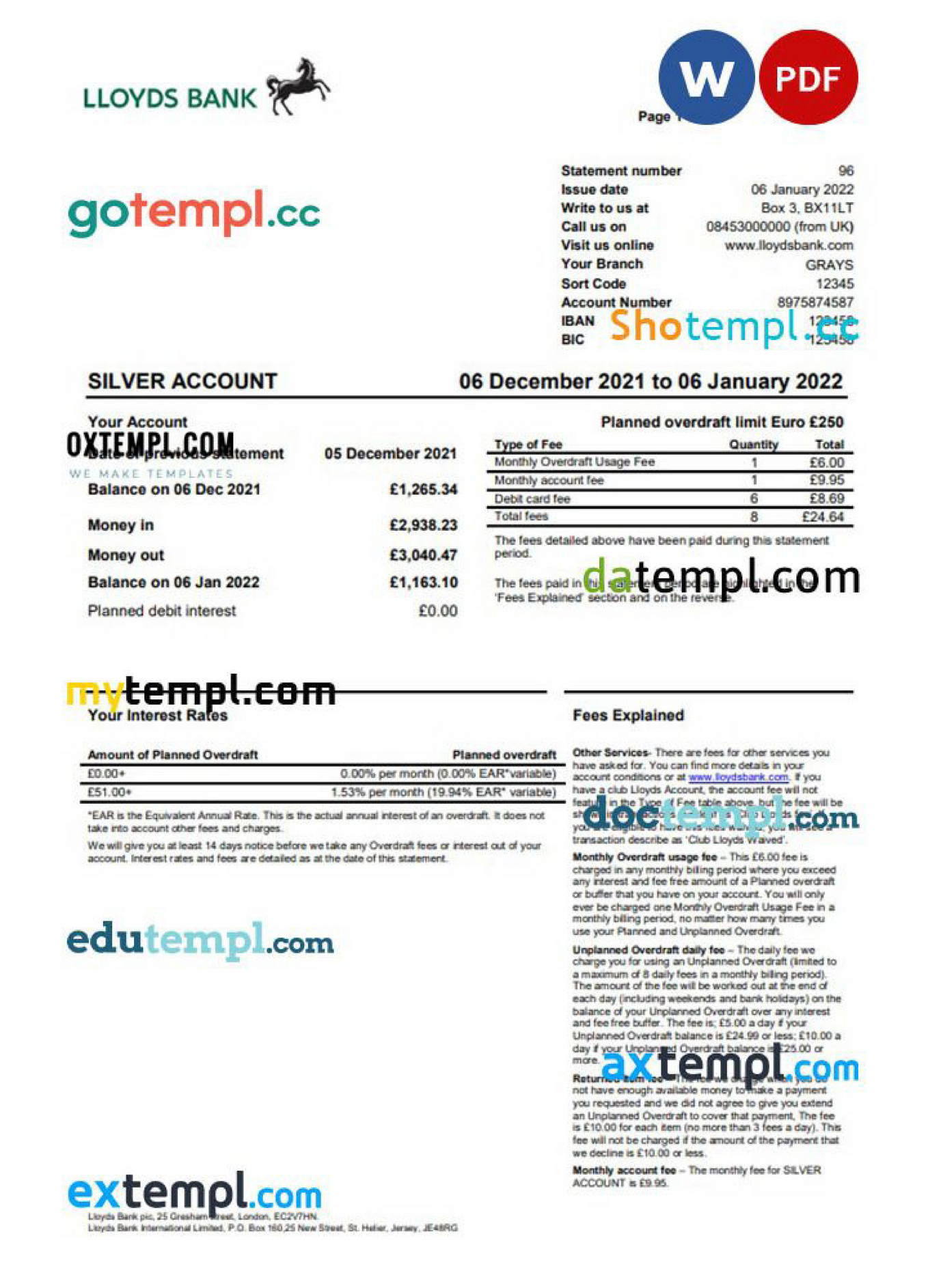 Doctempl United Kingdom Lloyds Bank Statement Word And Pdf Template Version Page