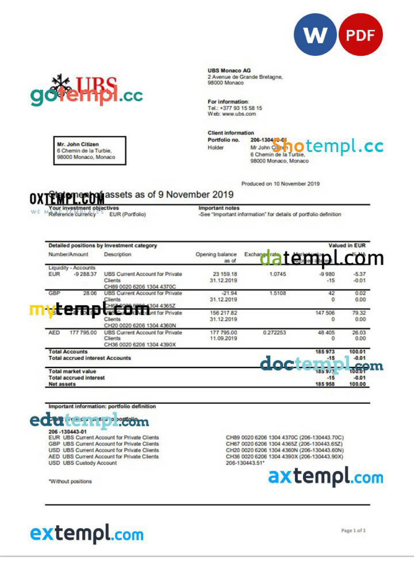 Doctempl - Monaco UBS bank statement template Word and PDF - Page 1