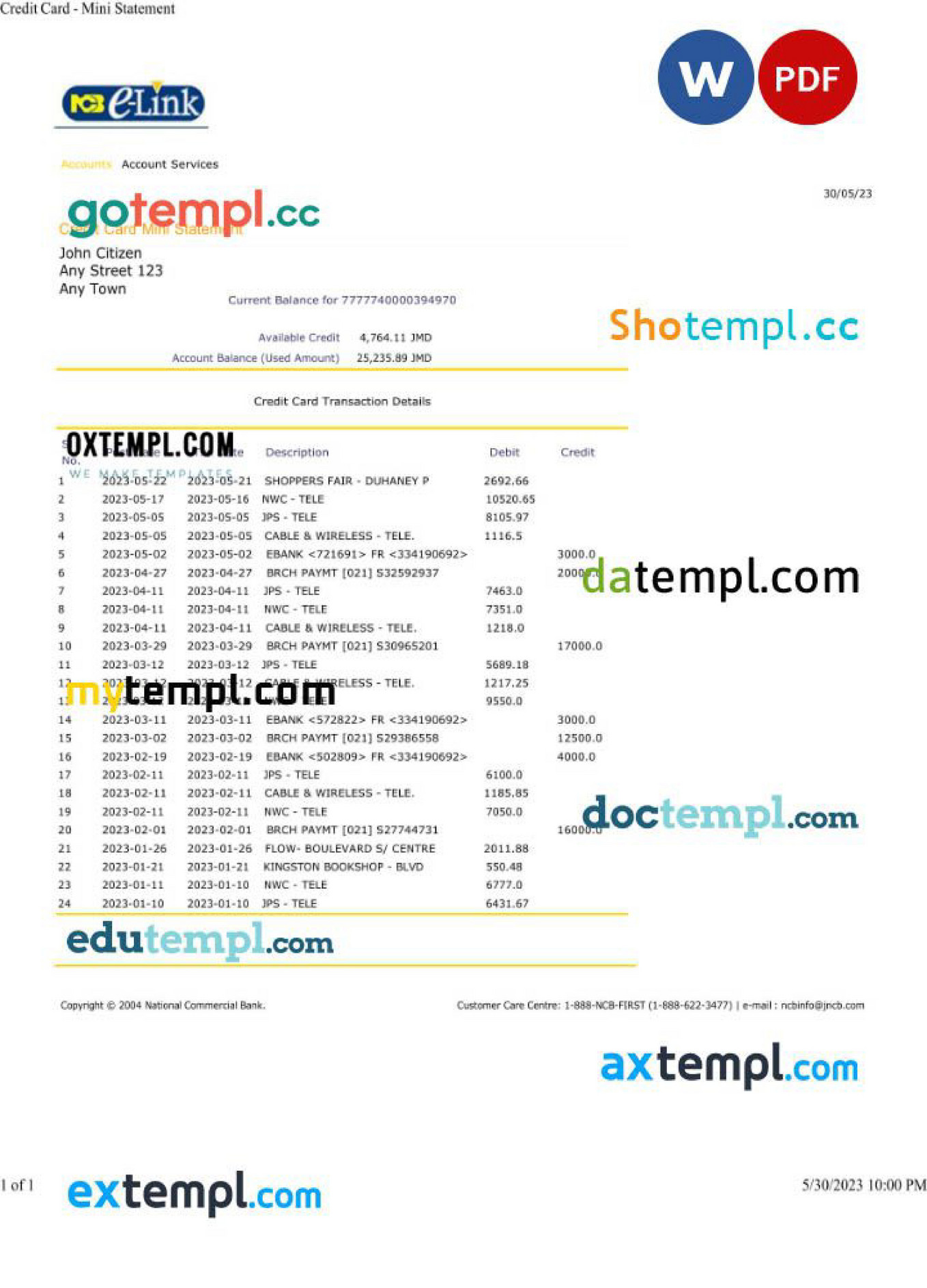 Doctempl - Jamaica National Commercial Bank statement Word and PDF ...