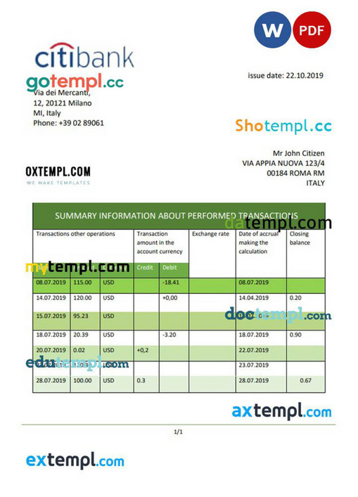 Doctempl - Italy Citibank Bank statement Word and PDF template - Page 1