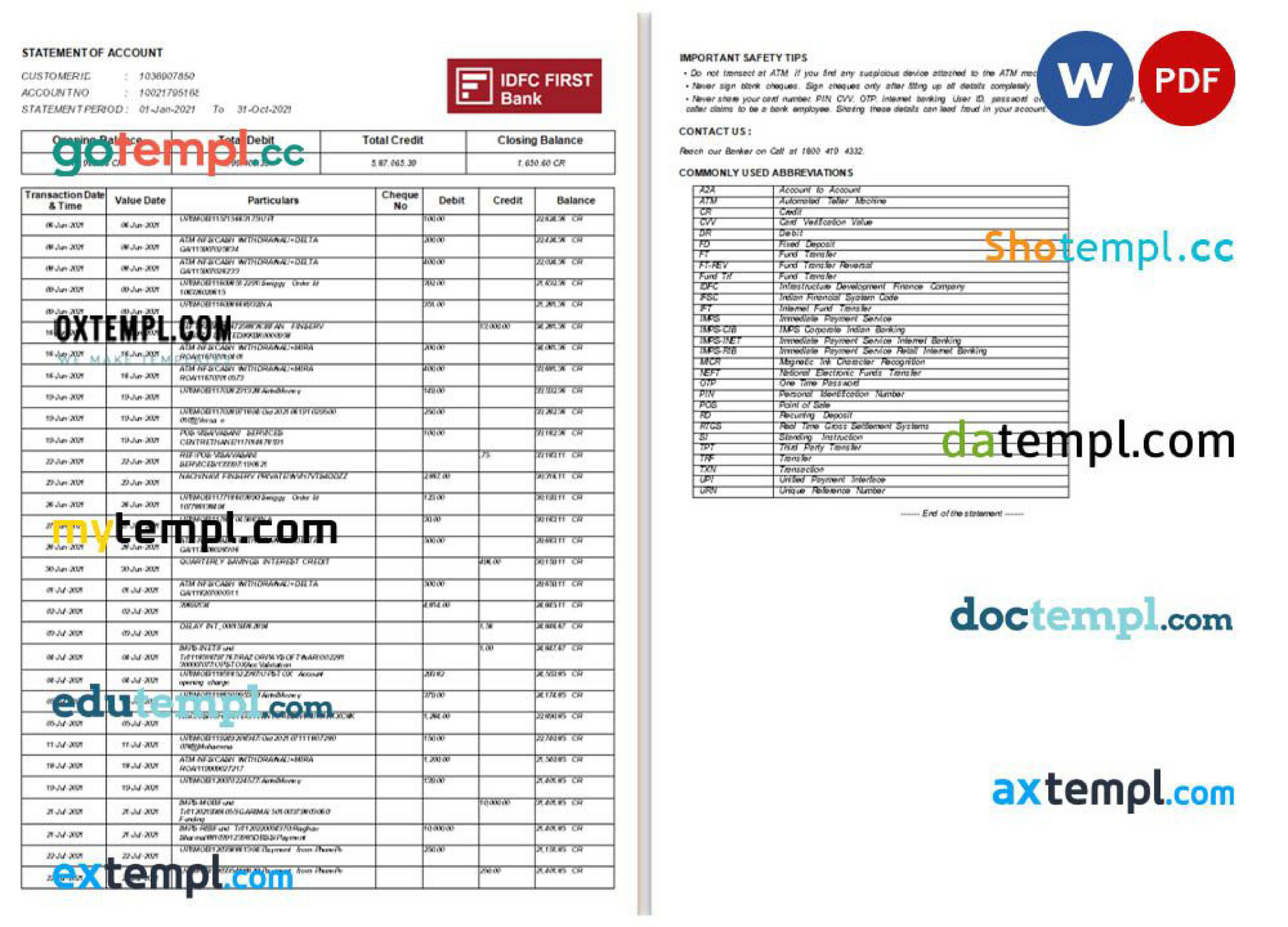Doctempl India IDFC bank statement Word and PDF template 8 pages 7 8 Doctempl India IDFC bank statement Word and PDF template 8 pages 7 8